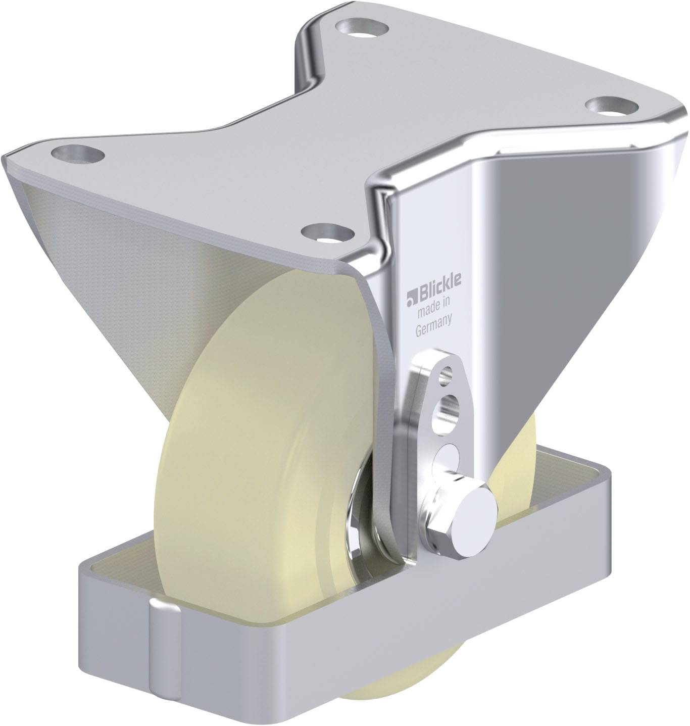 Leitrolle aus Metall mit gelbem Rad, beschriftet mit 'Blickle made in Germany'. Design für industrielle Anwendungen.