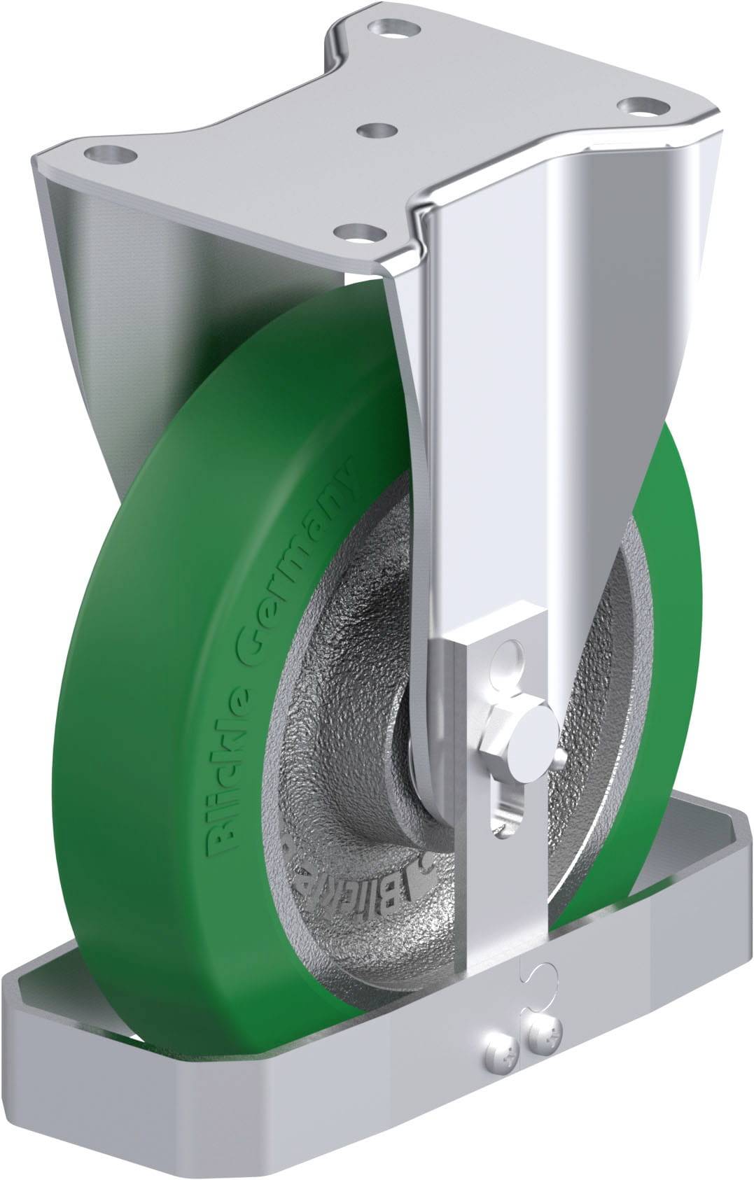 Industrie-Rolle mit grünem, gummiertem Rad und grauer Halterung, geeignet für schwere Lasten in Maschinenanwendungen.
