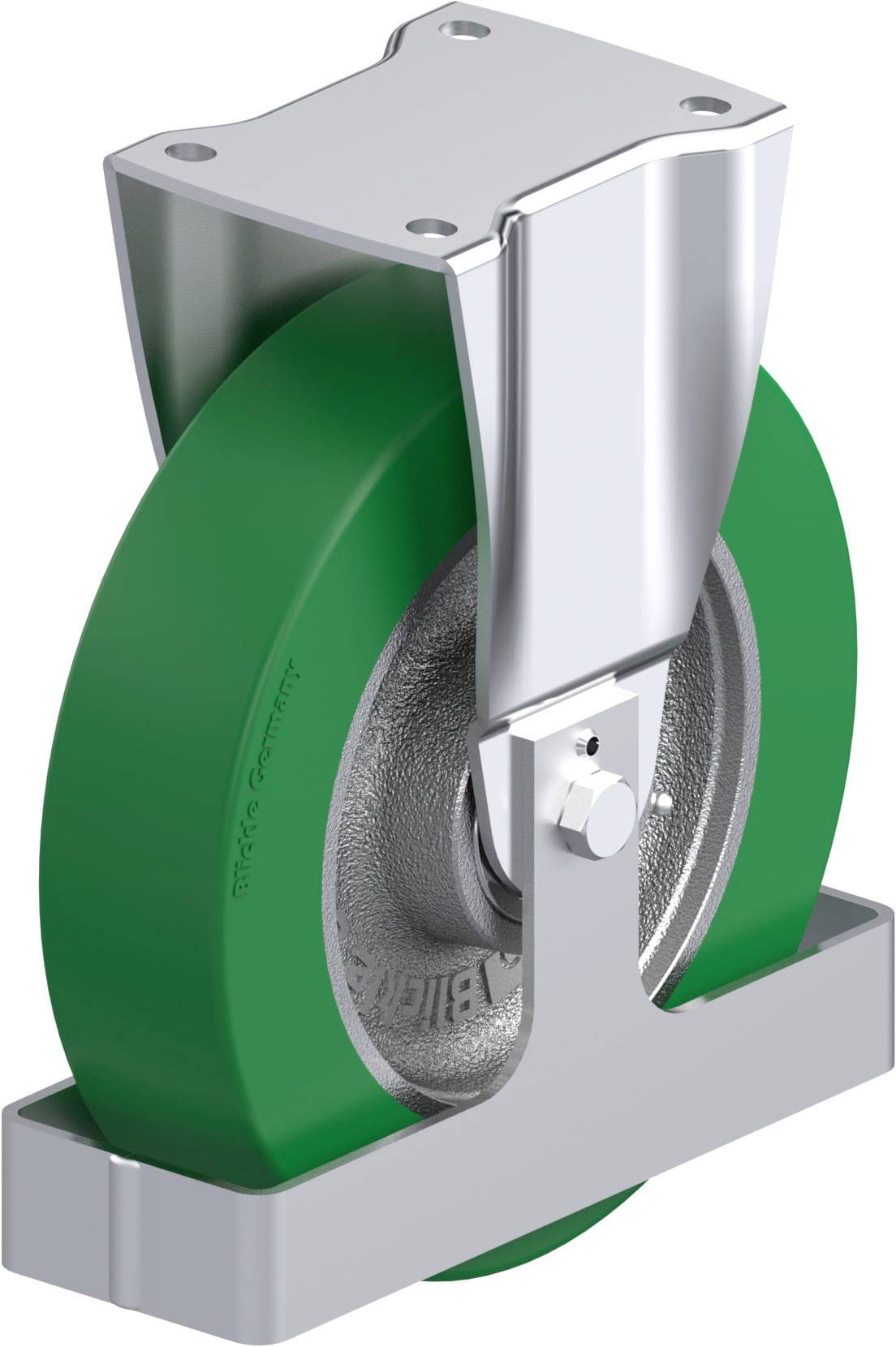 Industrie-Schwenkrolle mit grünem Rad und metallischer Halterung, geeignet für schwere Lasten und Anwendungen in industriellen Umgebungen.