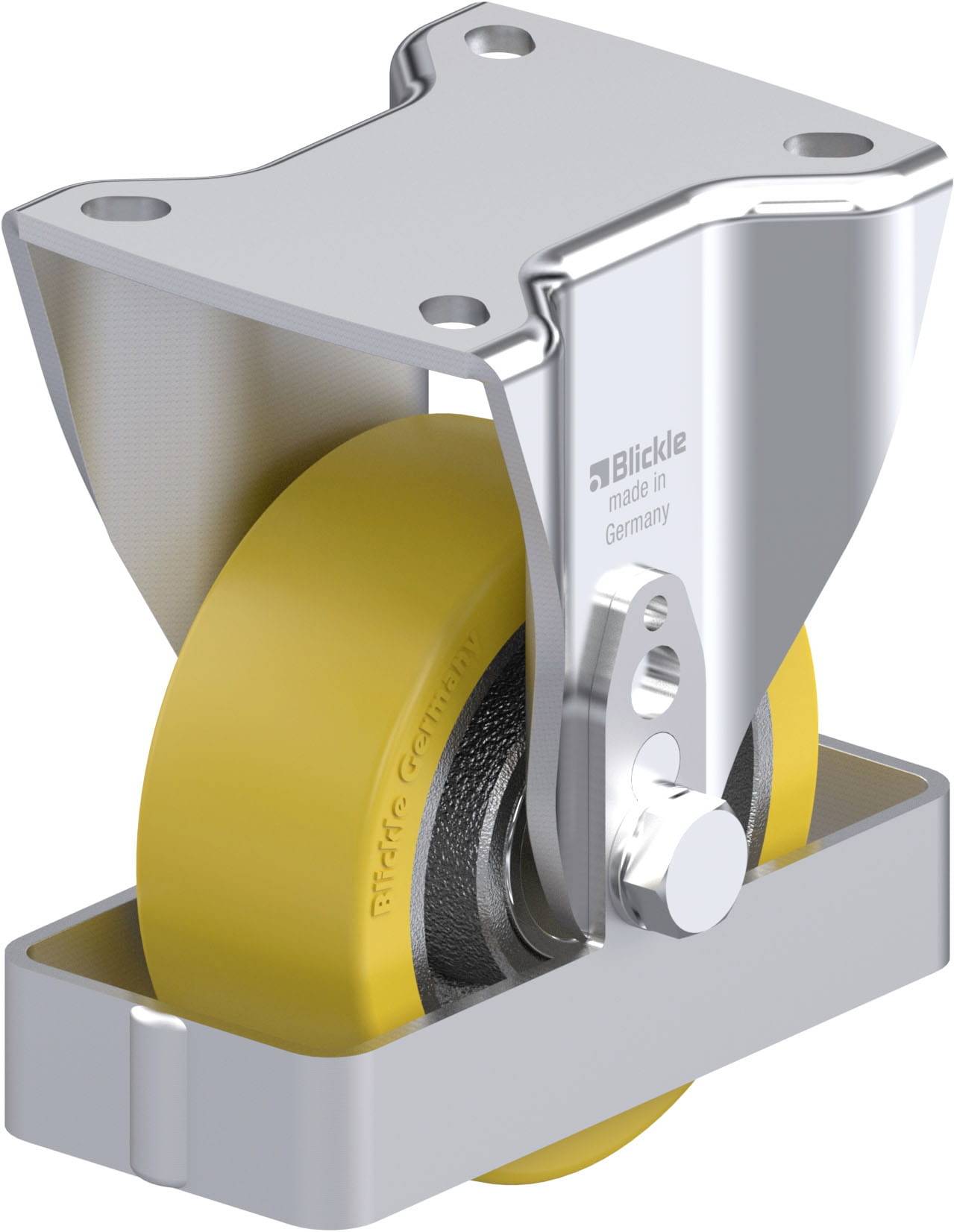 Industrie-Lenkrolle aus Metall mit gelbem Rad und Befestigungsplatte. Aufschrift zeigt 'Blickle made in Germany'.