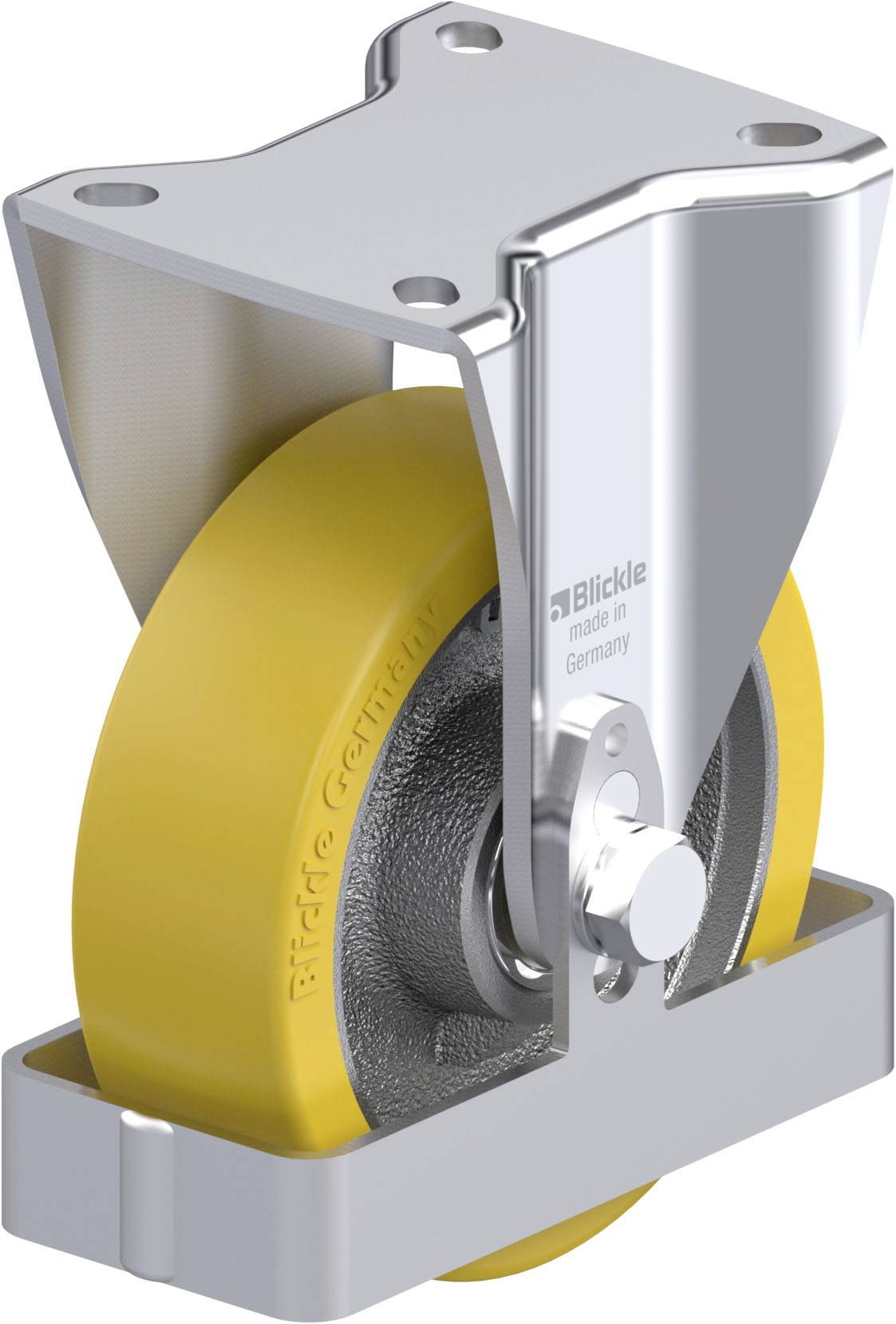 Industrie-Lenkrolle mit gelbem Rad, robustem Metallgehäuse und Kugellagern. Geeignet für schwere Lasten und vielseitige Anwendungen.
