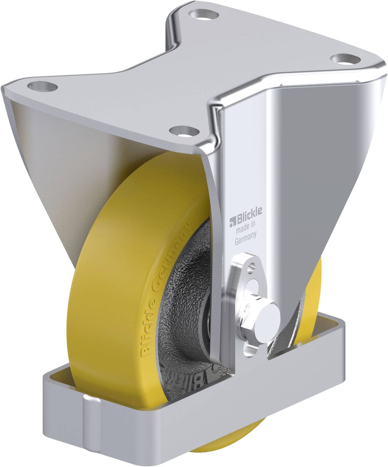 Metallisch glänzendes Rad mit gelber Lauffläche und Befestigungsplatte, geeignet für schwere Lasten.