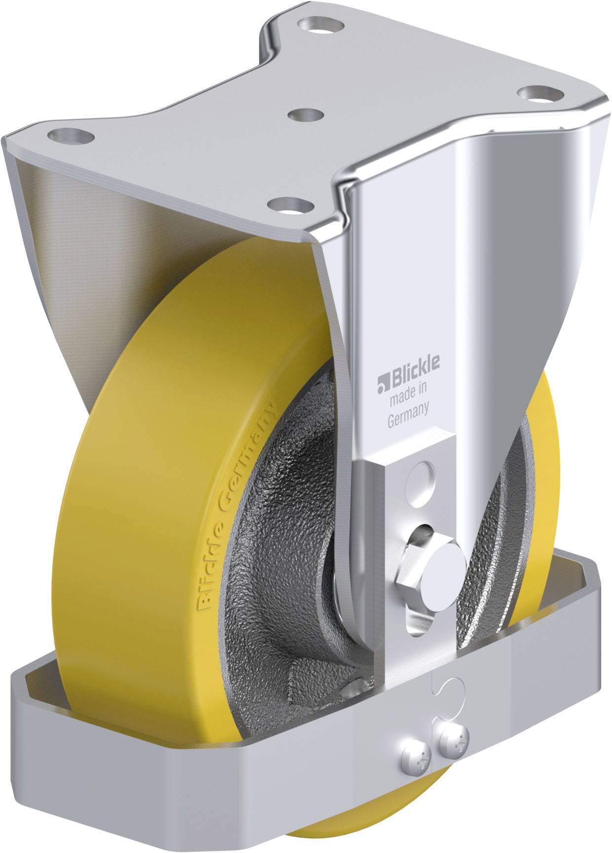 Metallrolle mit gelbem Rad und Halterung. Aufdruck: 'Blickle made in Germany'. Geeignet für industrielle Anwendungen.