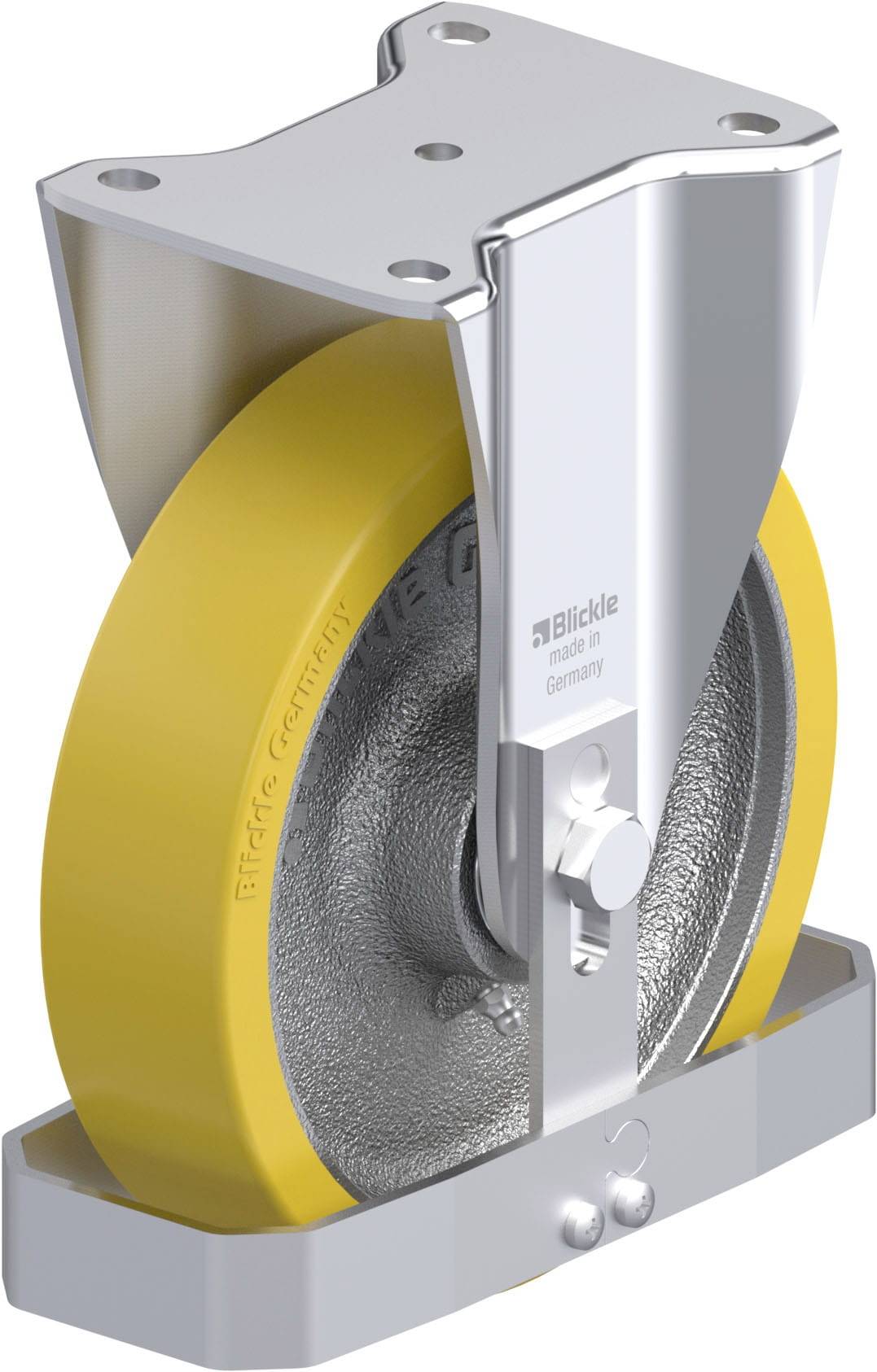 Industrielle Lenkrolle mit gelbem Rad und silbernem Gestell. Geeignet für schwere Lasten, Montage in Maschinen oder Transportgeräten.
