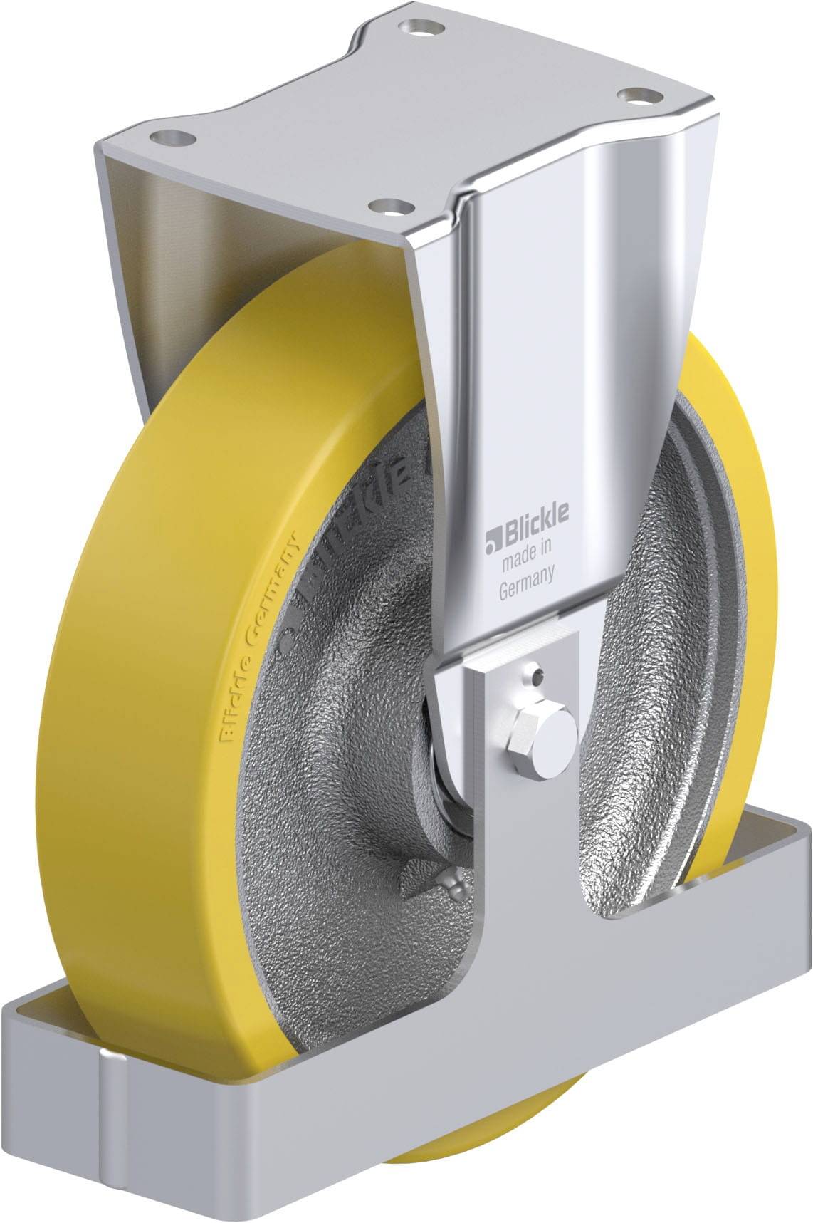 Industrie-Rolle mit gelbem Rad und silbernem Gehäuse, hergestellt von Blickle in Deutschland. Geeignet für schwere Lasten und Maschinen.