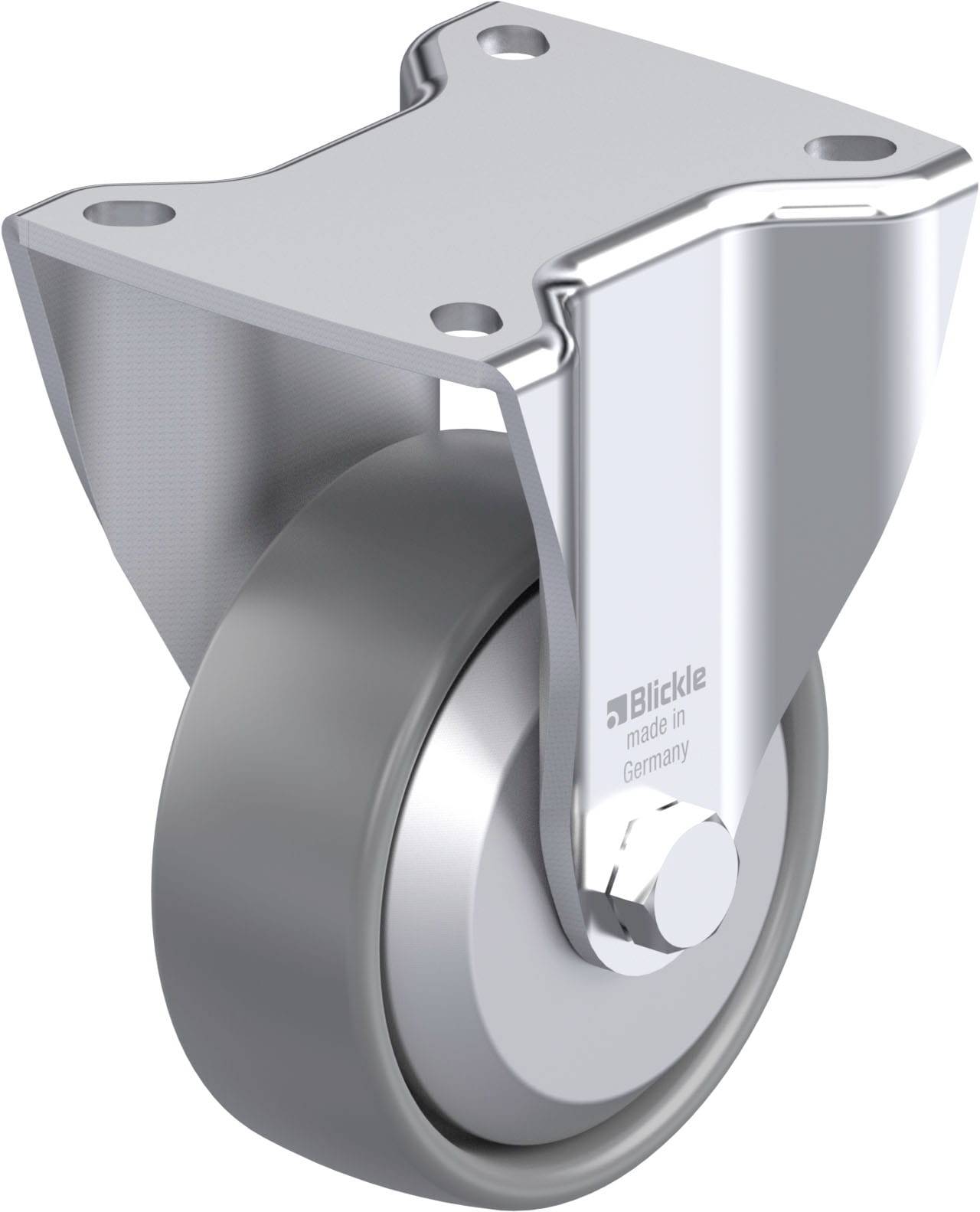 'Schwenkrolle aus Stahl in Silber, mit glatter Oberfläche, montiert an Halterung. Markierung: 