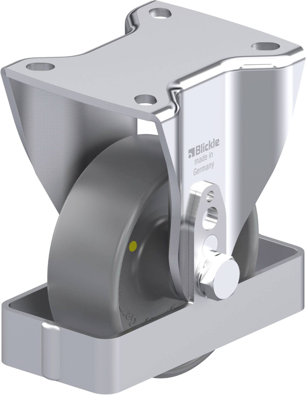 Rollenhalter aus Metall mit grauer Rolle, Beschriftung 'Blickle made in Germany'.