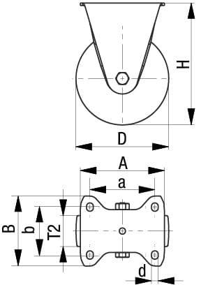 Technische Zeichnung eines Laufrads mit Maßangaben: Gesamthöhe (H), Gesamtdurchmesser (D), Breite (B, b), Achsmaß (A, a), und T2, d.