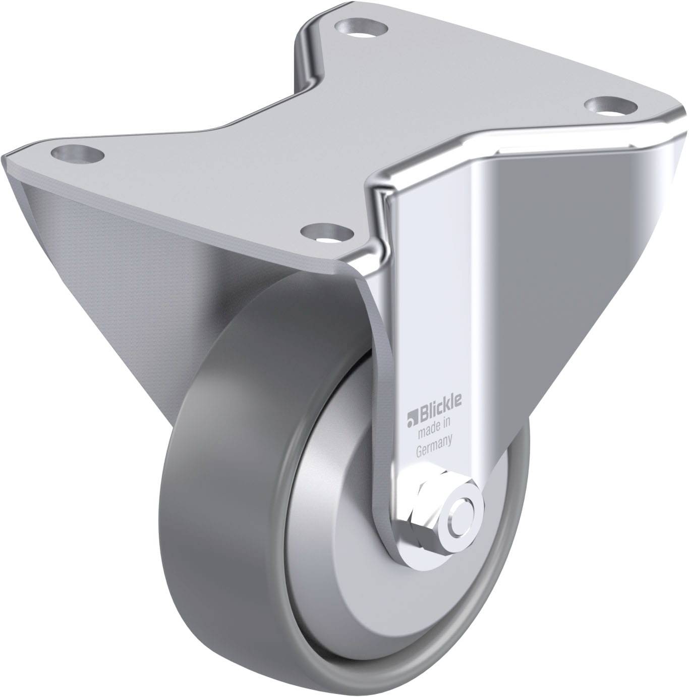Silbernes Schwenk-Rad mit Halterung der Marke 'Blickle - made in Germany'. Geeignet für Möbel oder Geräte, bietet Beweglichkeit.
