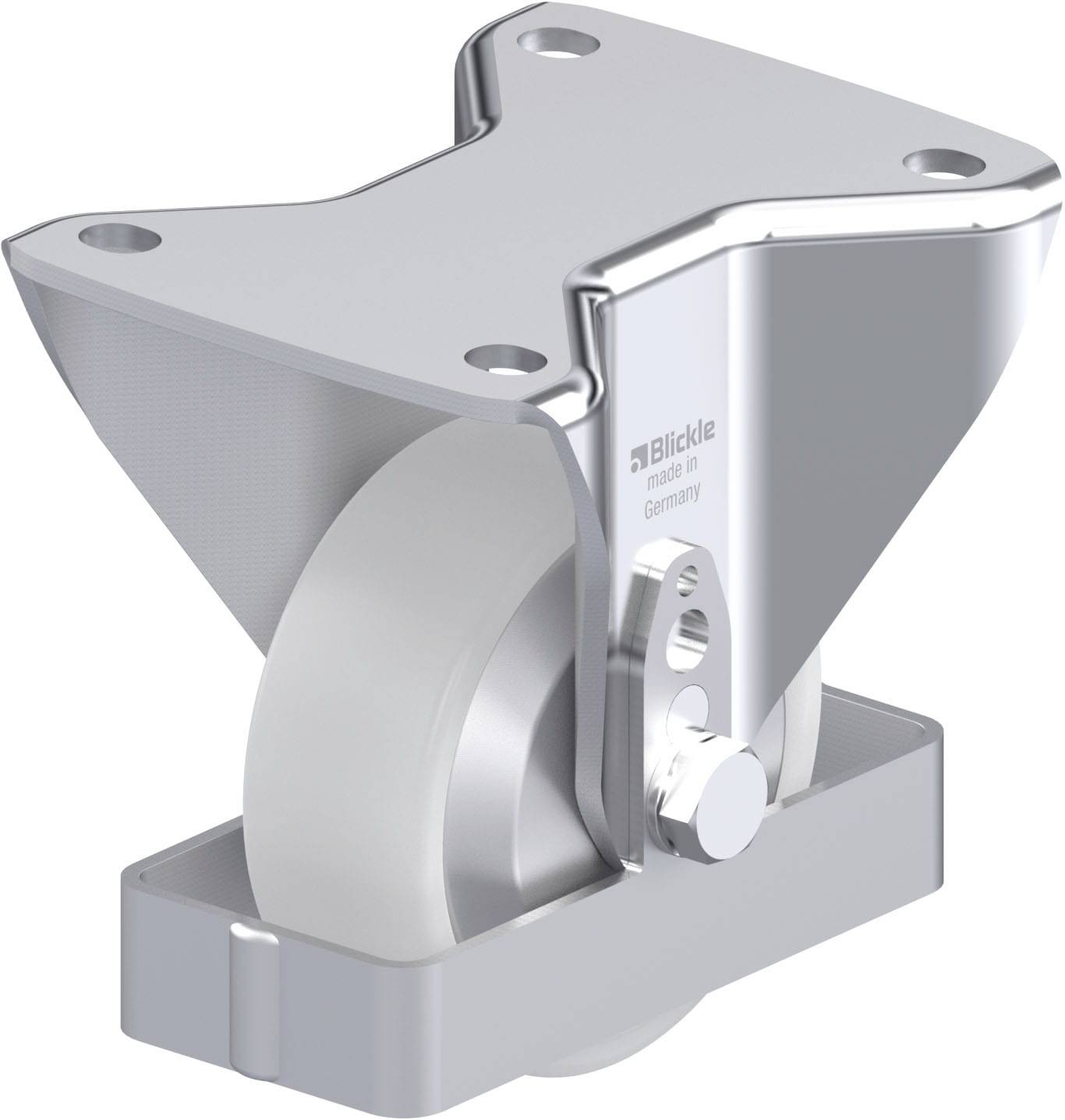 Schwenkrolle mit grauem Rad und stabilem Metallgehäuse, hergestellt von Blickle in Deutschland. Geeignet für industrielle Anwendungen.
