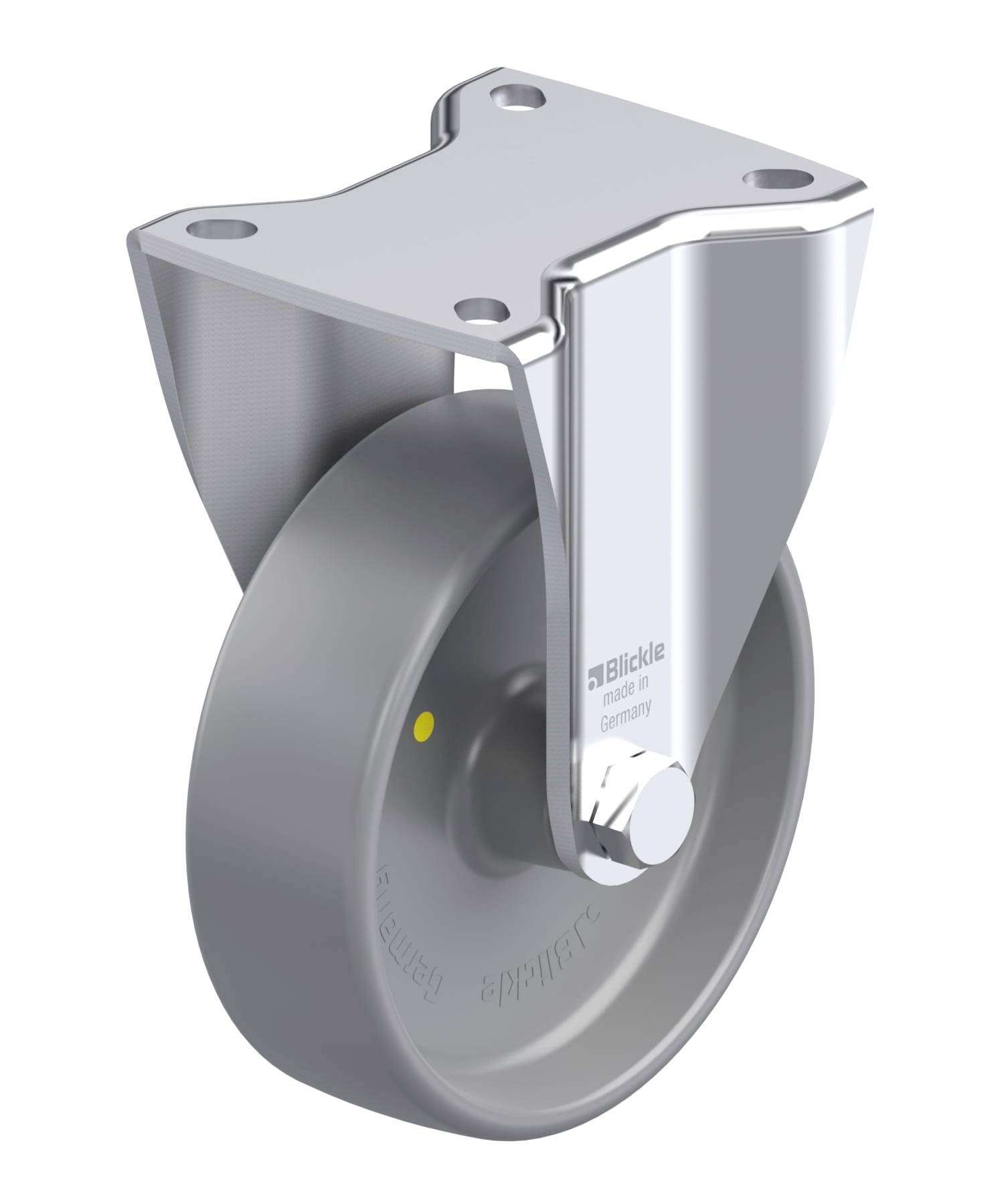 Industrie-Rollenrad mit Metallgehäuse, geeignet für schwere Lasten, mit glatter, grauer Radfläche für einfache Manövrierbarkeit.