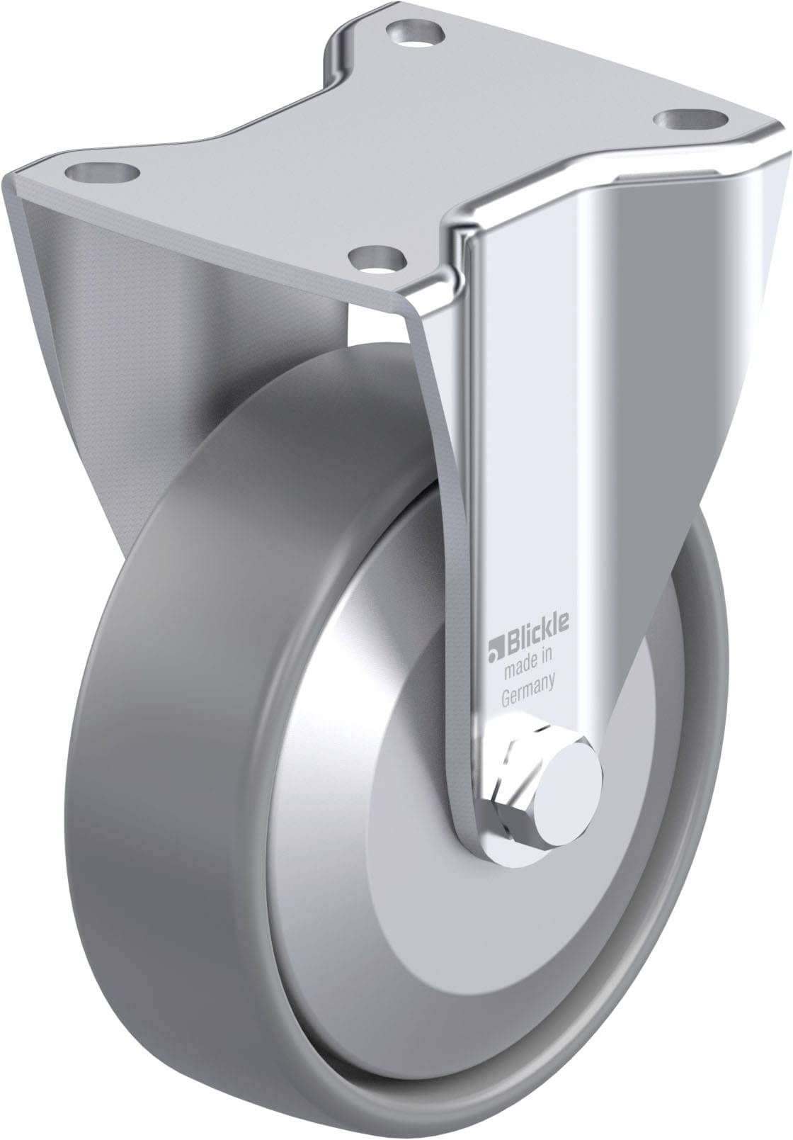 Eine einzelne graue Rollenrolle an einer Metallhalterung, mit dem Aufdruck 'Blickle made in Germany'. Geeignet für Transportwagen.