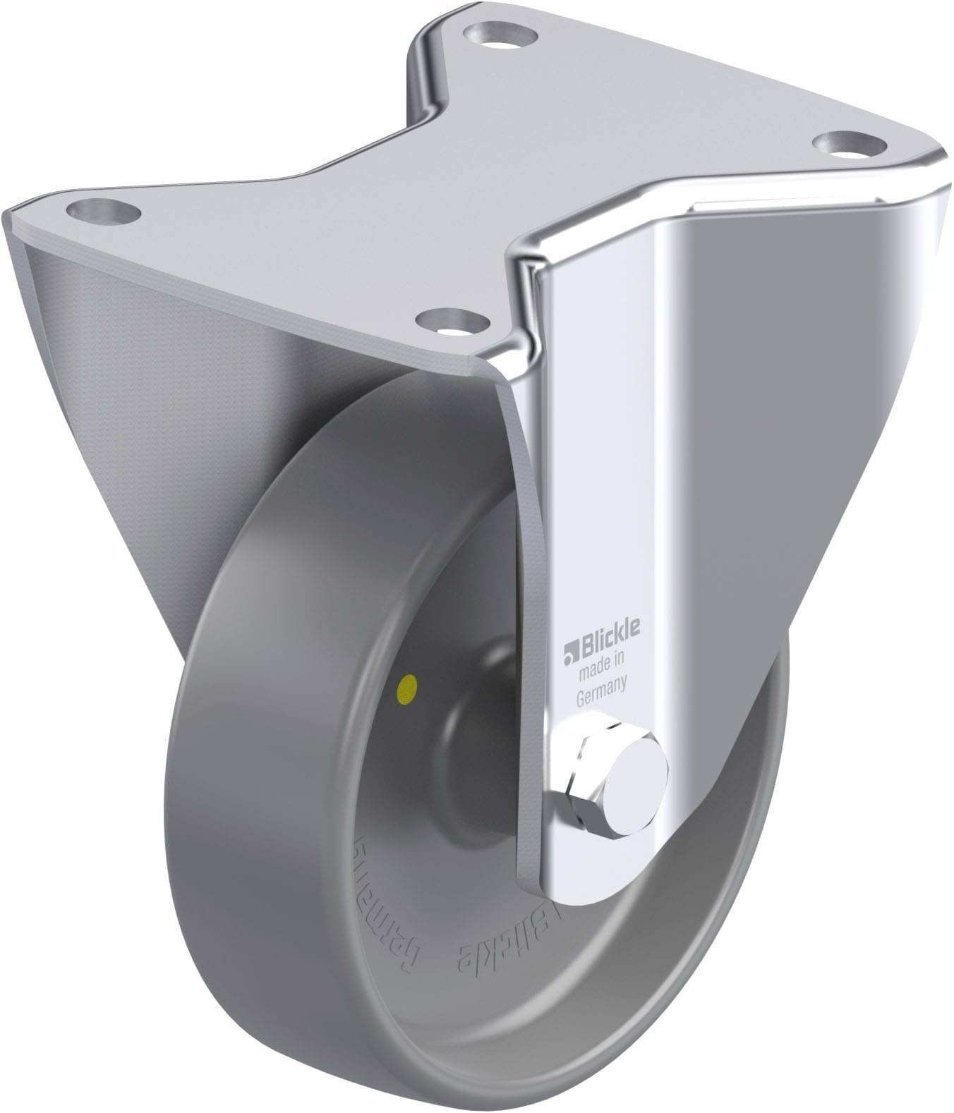 Metallrolle mit stabiler Halterung, geeignet für Möbel oder Geräte. Schraubenlöcher an den Kanten für einfache Befestigung.