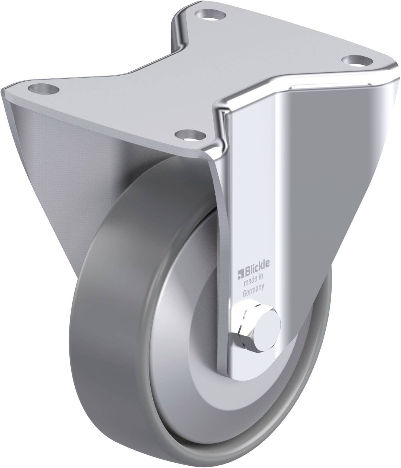 Schwenkrolle aus Metall mit grauem Rad, geeignet für Industrieanwendungen und schwere Lasten. Schraubplatte zur Befestigung.