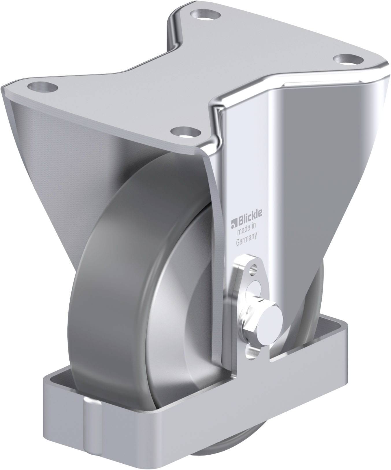 Industrie-Rolle aus Metall mit Befestigungsplatte und drehbarem Rad, geeignet für schwere Lasten. Aufschrift: 'Blickle'.