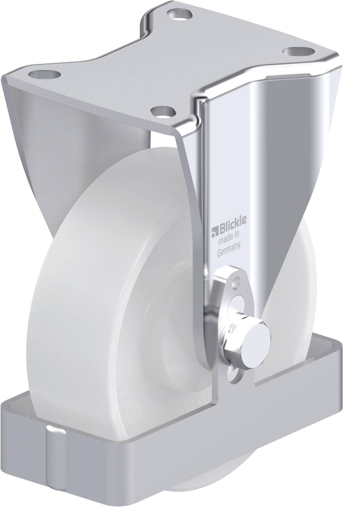 Industrie-Rolle aus Metall und Kunststoff, geeignet für schwere Lasten. Silberne und weiße Farbgebung.