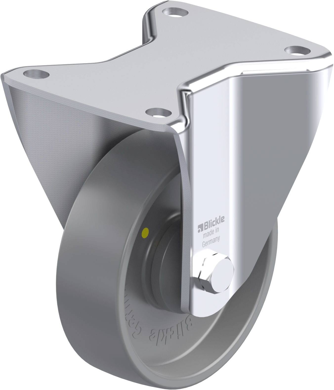 Rollenrad aus Metall mit Halterung, seitlich montiert.