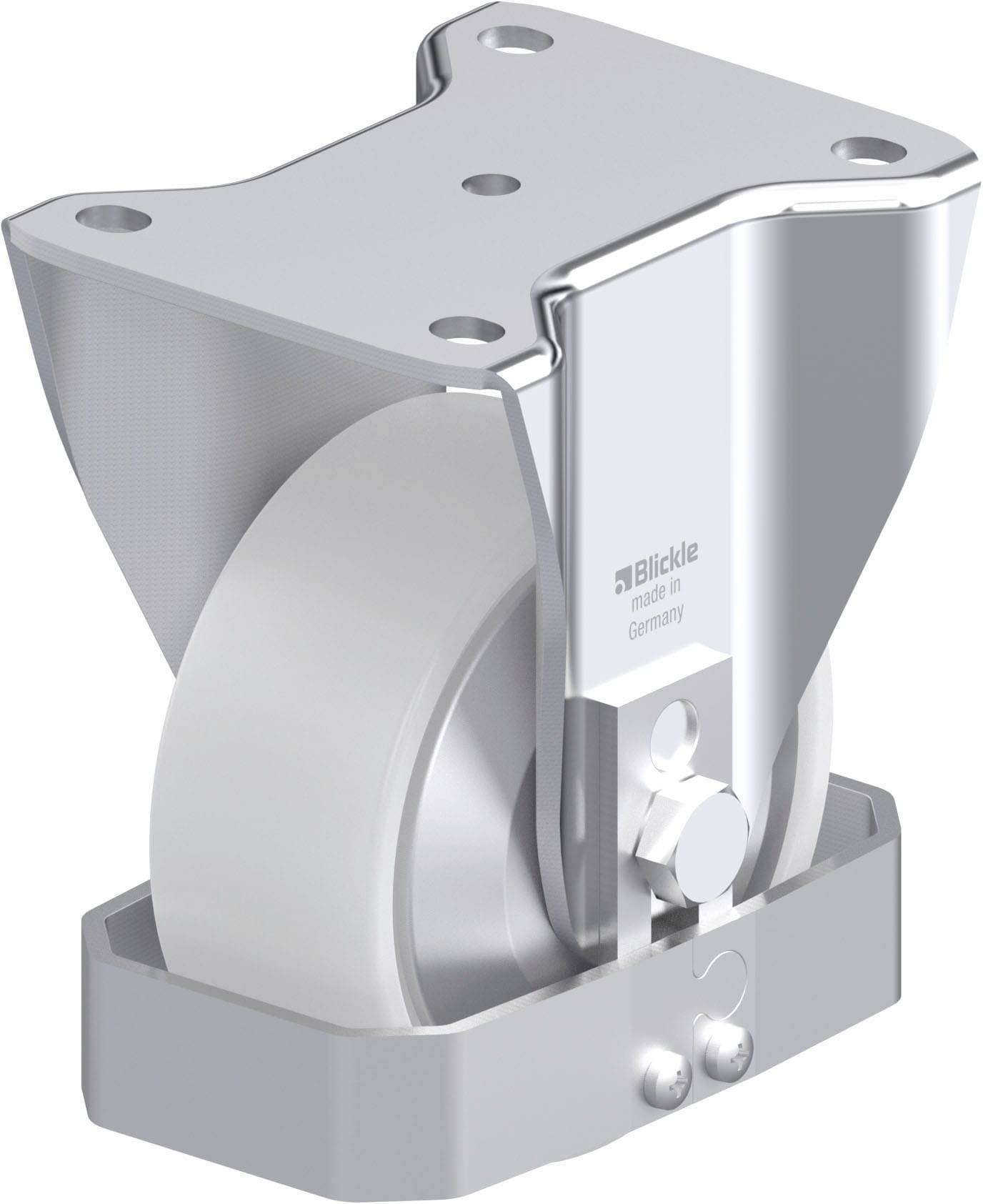 Ein starrer Bockrolle mit einem weißen Rad und einer silbernen Halterung, die für schwere Lasten geeignet ist.