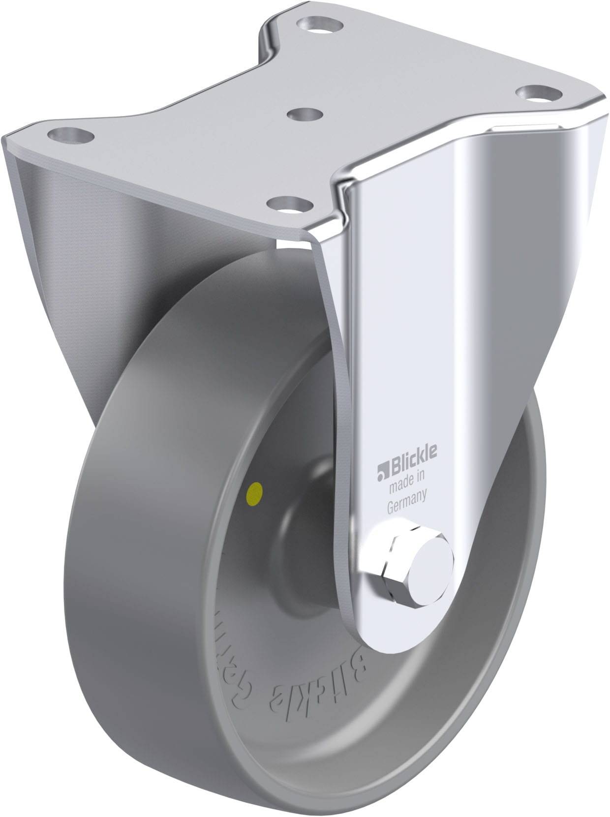 Industrie-Rolle mit silbernem Halter und grauem Rad, hergestellt aus Metall. Geeignet für schwere Lasten. Markierung 'made in Germany'.