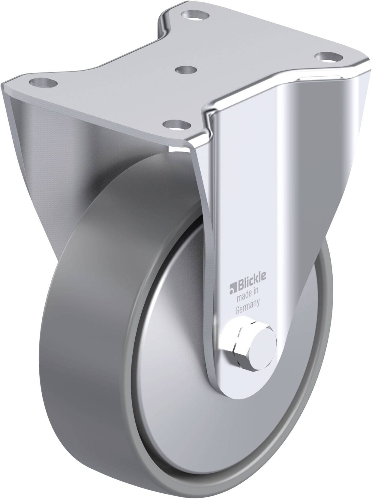 Metallisches Rad mit Befestigungsplatte, geeignet zum Anbringen an Möbel oder Geräten für Mobilität. Hochwertige Konstruktion.