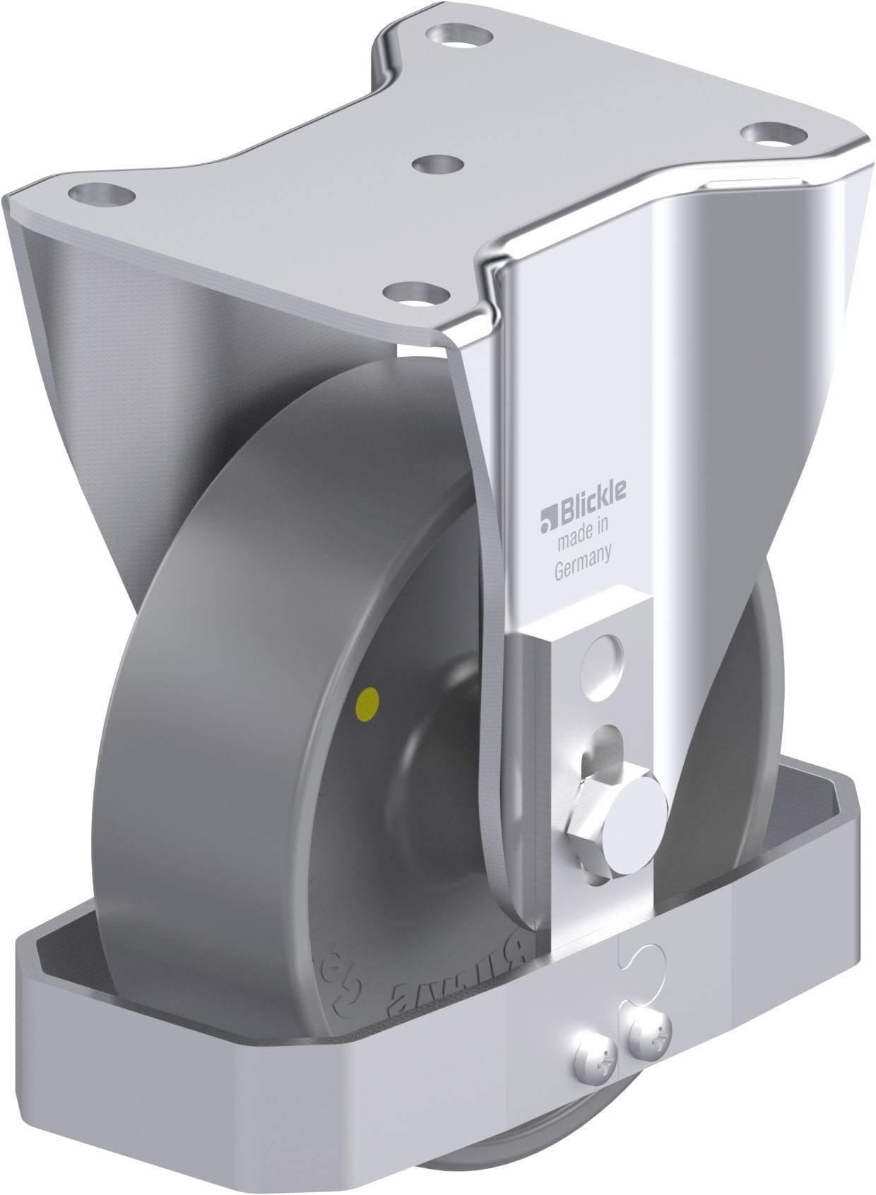 Schwenkrolle aus Metall mit grauem Rad, solide Konstruktion, geeignet für schwere Lasten, mit Halterung und Befestigungslöchern.