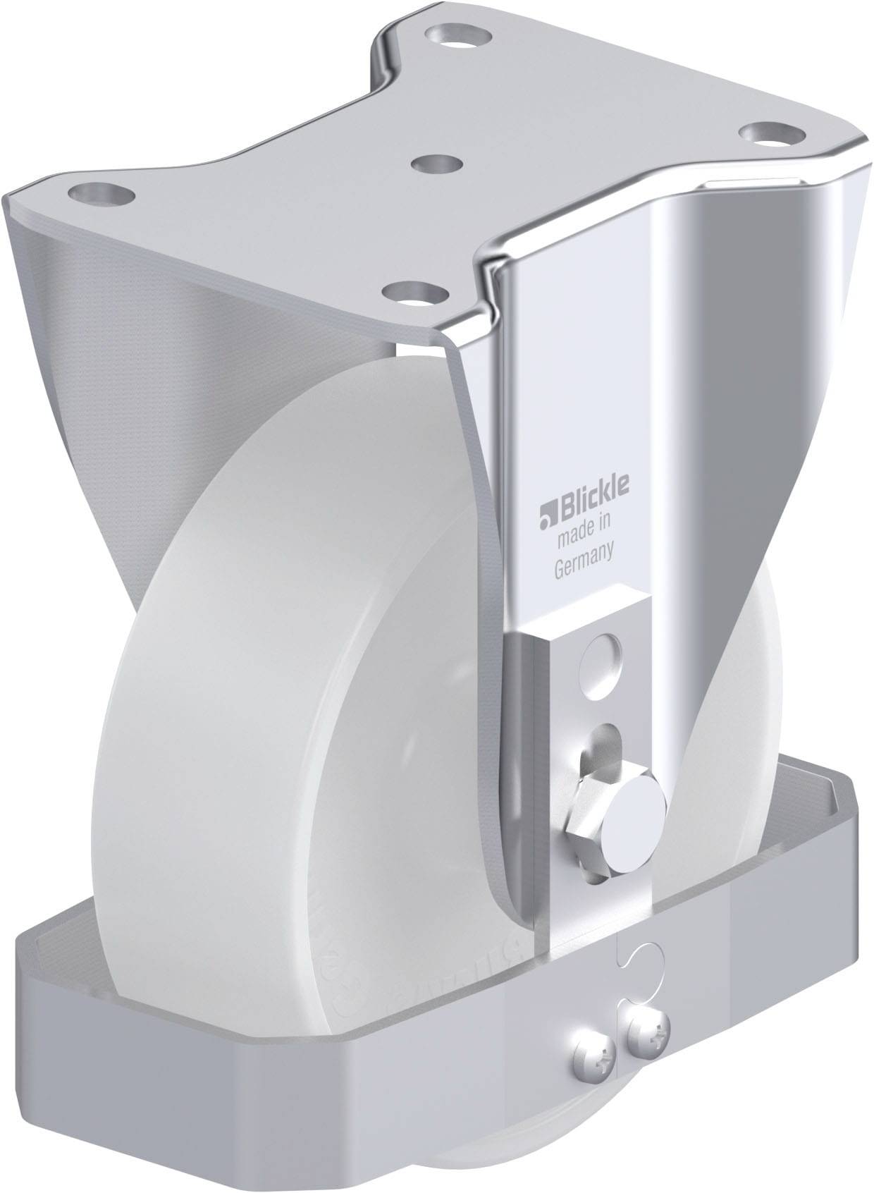 Weiße Schwerlastrolle mit stabilem, verzinktem Gehäuse und Befestigungsplatte; geeignet für industrielle Anwendungen.