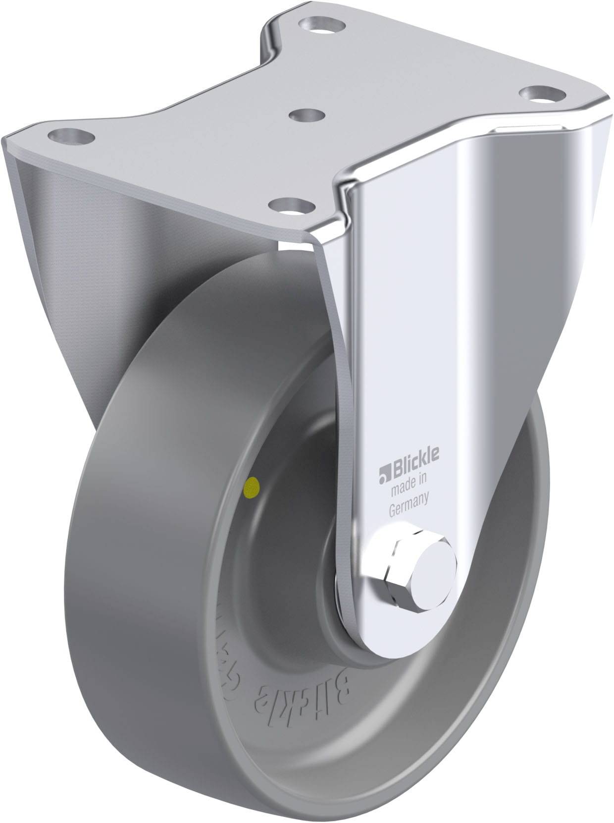 Industrierolle aus Metall und Kunststoff, hergestellt in Deutschland von Blickle. Geeignet für hohe Belastungen und Mobilität.