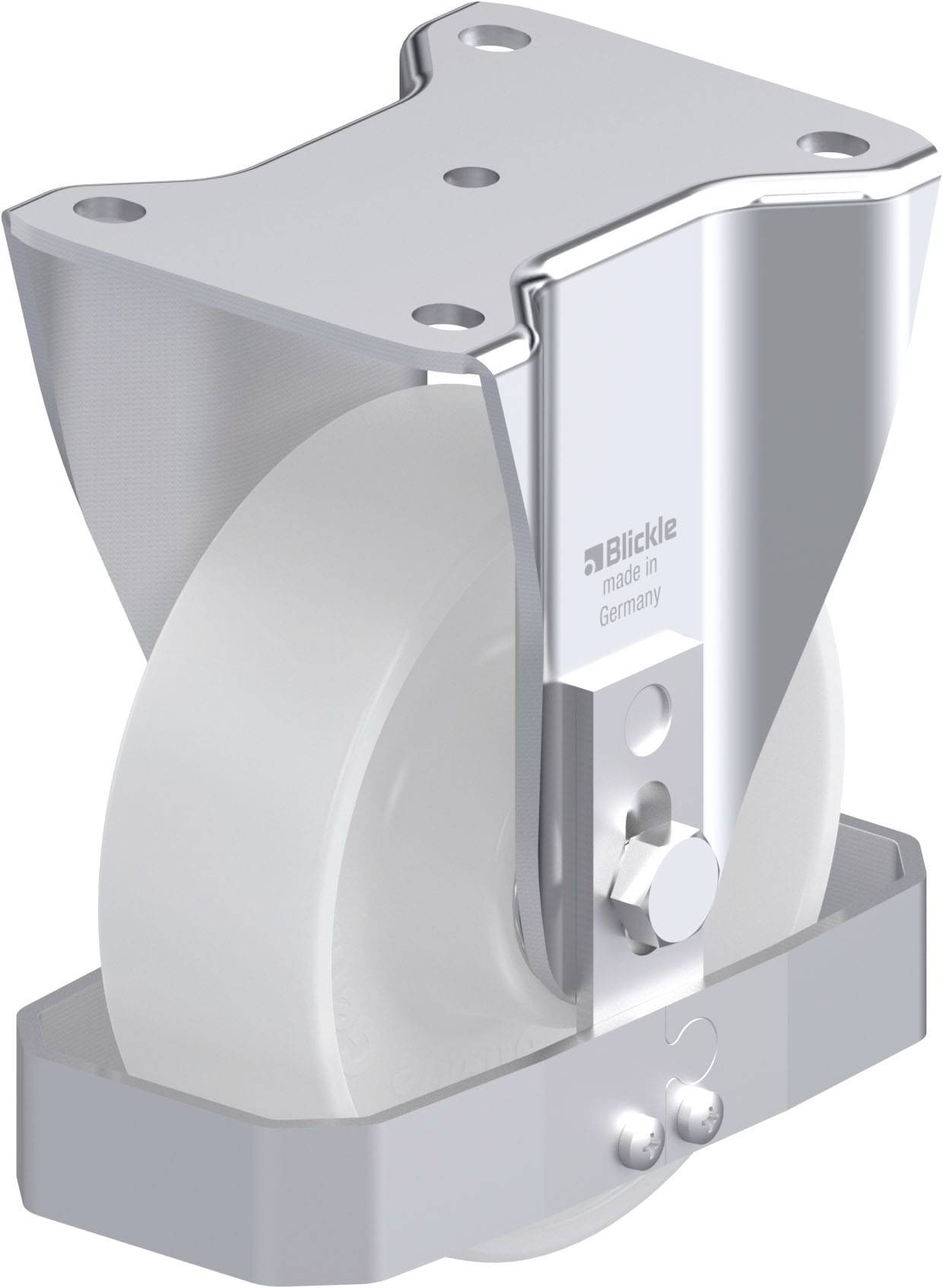 Metallisches Schwenkgehäuse mit weißem Rad, geeignet für Industrieanwendungen. Robuste Bauweise aus Edelstahl.