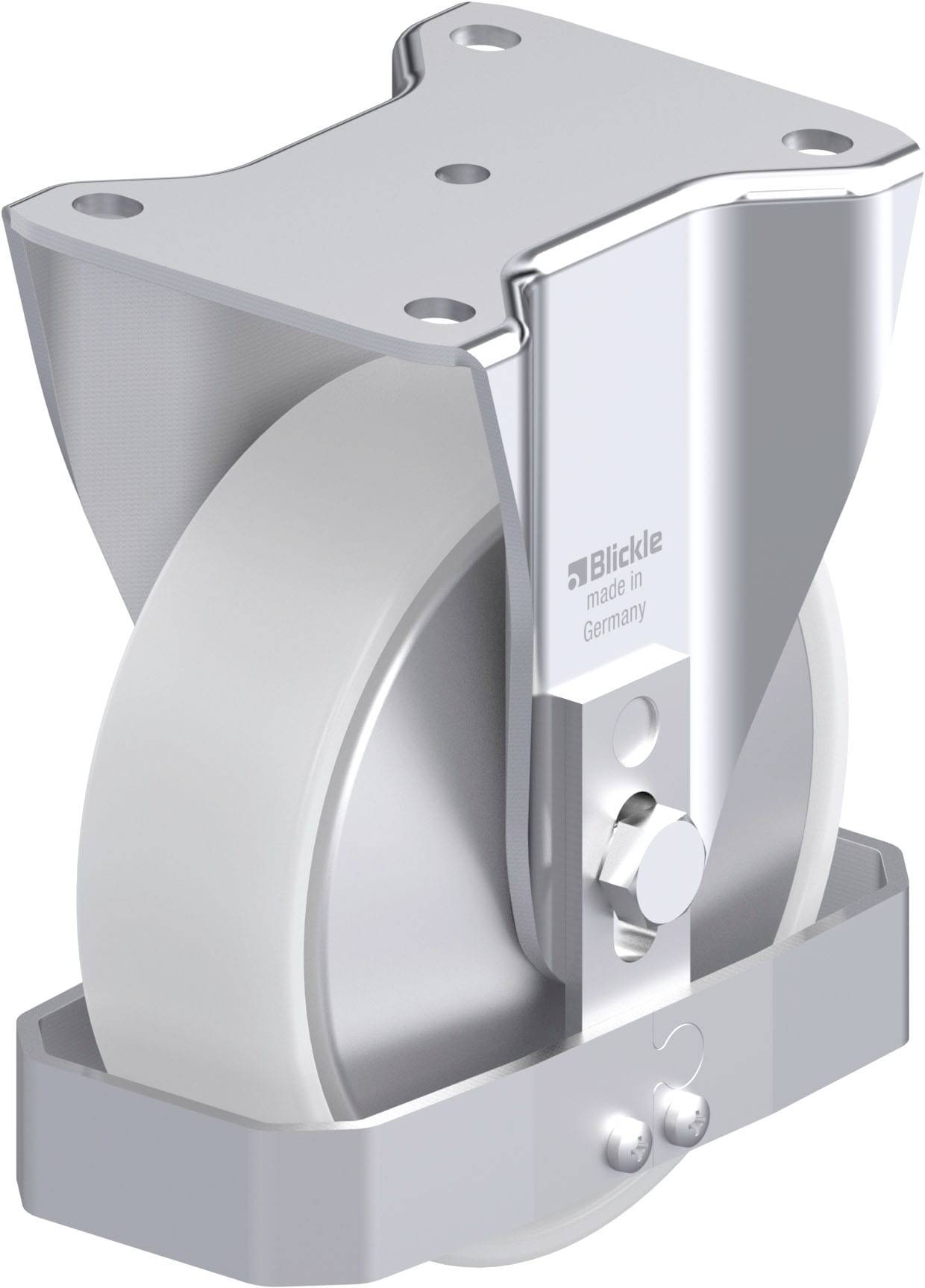 Metallisch glänzendes Rad mit Halterung, gekennzeichnet mit 'Blickle made in Germany', geeignet für bewegliche Anwendungen.