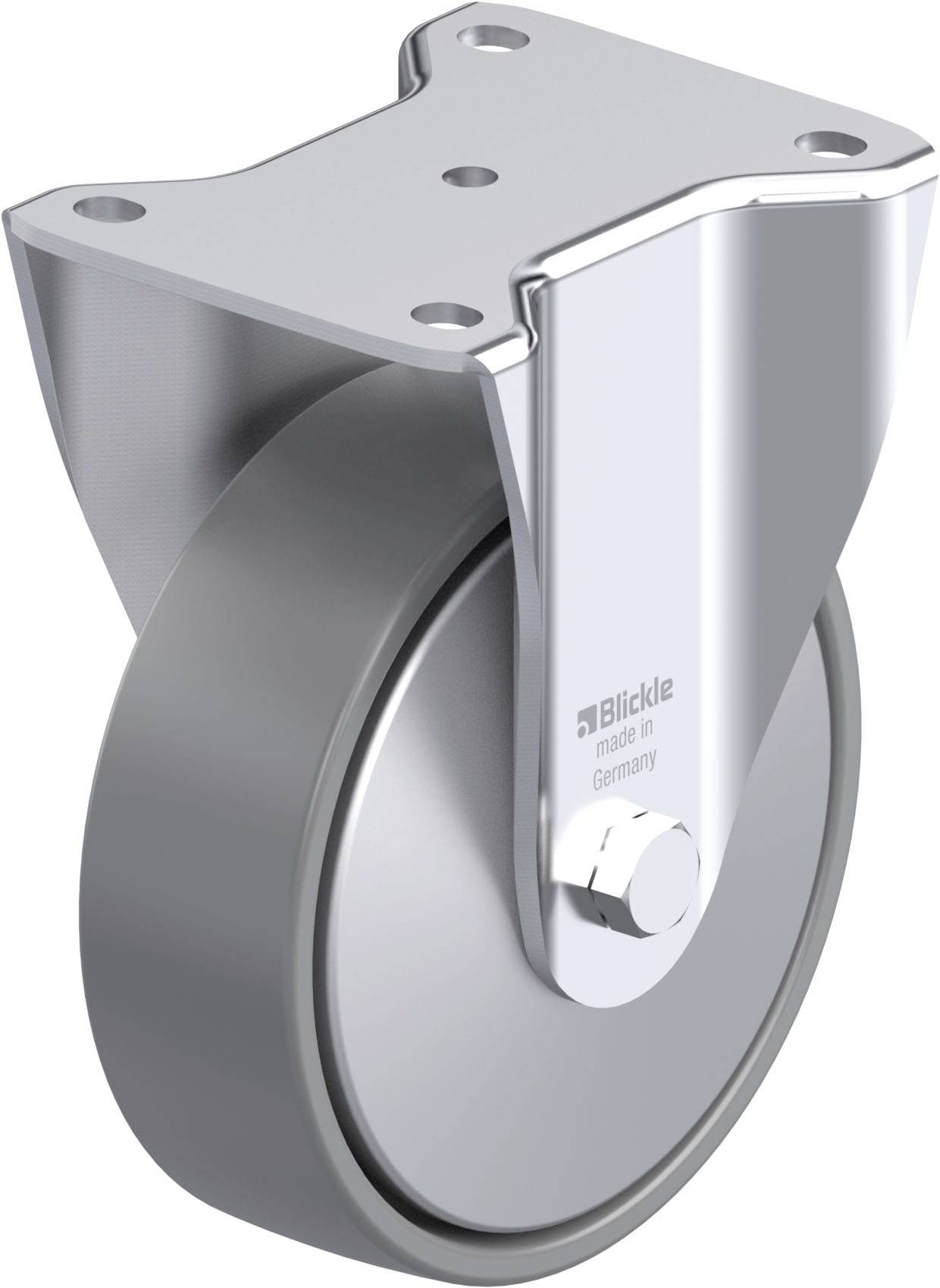 Rollenrad aus Metall mit silbernem Gehäuse und vier Befestigungslöchern, geeignet für Schwerlastanwendungen.