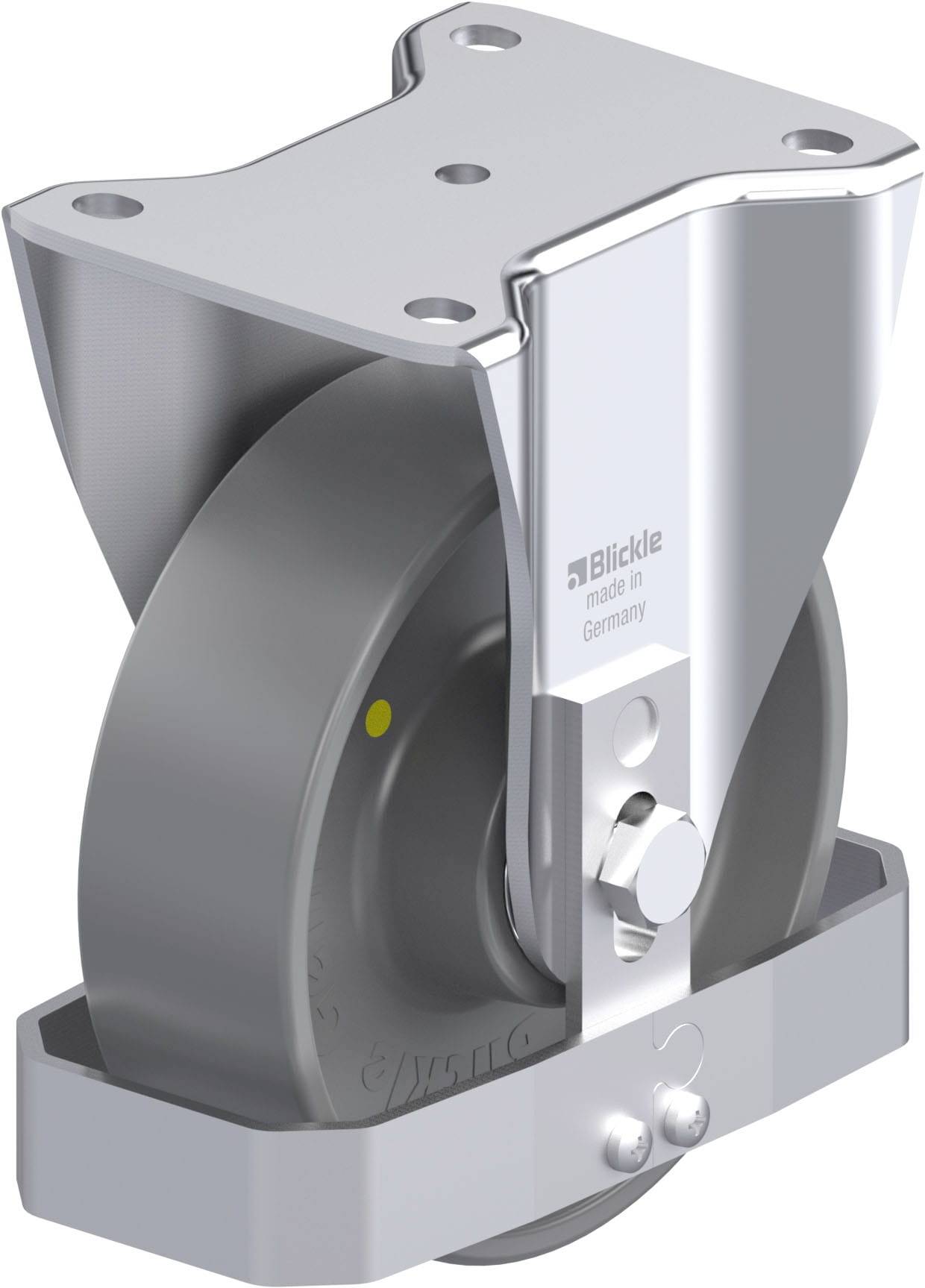 Industrie-Rollenhalterung mit Rad, glänzendem Metallrahmen und Markenaufdruck, geeignet für schwere Maschinen oder Möbel.