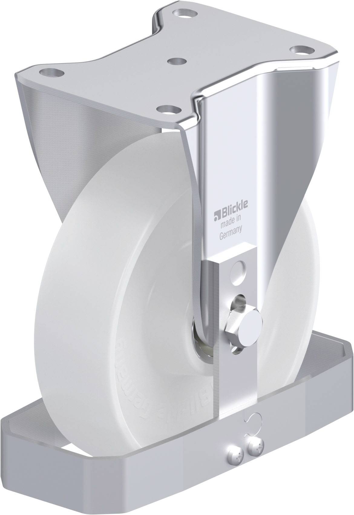 Metallenes Bockrollen mit weißem Rad und Befestigungsplatte, von der Marke Blickle, geeignet für Transportwagen und Industriemöbel.