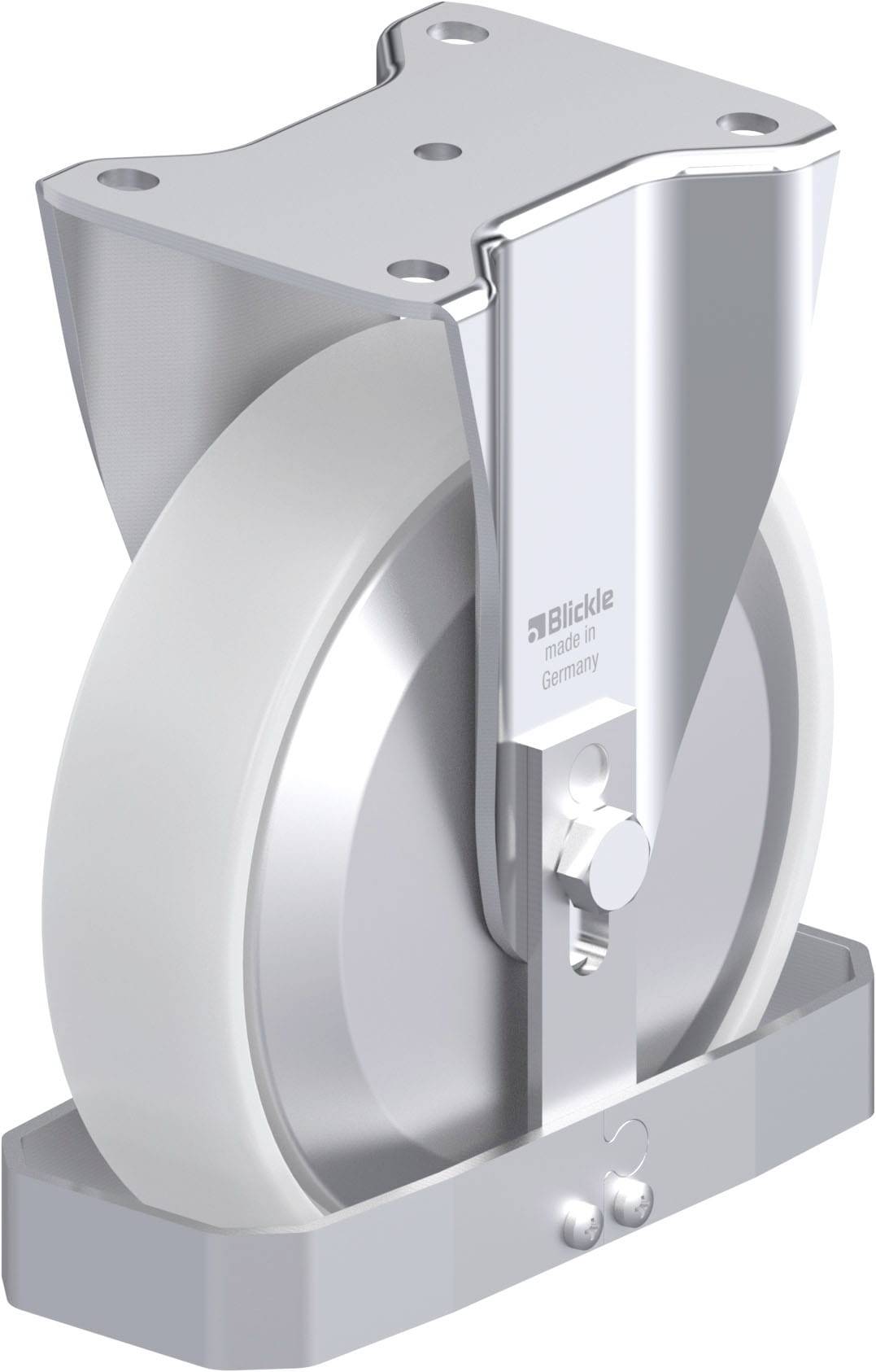 Schwenkrolle mit festem Gehäuse aus Metall und weißem Rad. Geeignet für industrielle Anwendungen, bietet Stabilität und Mobilität.