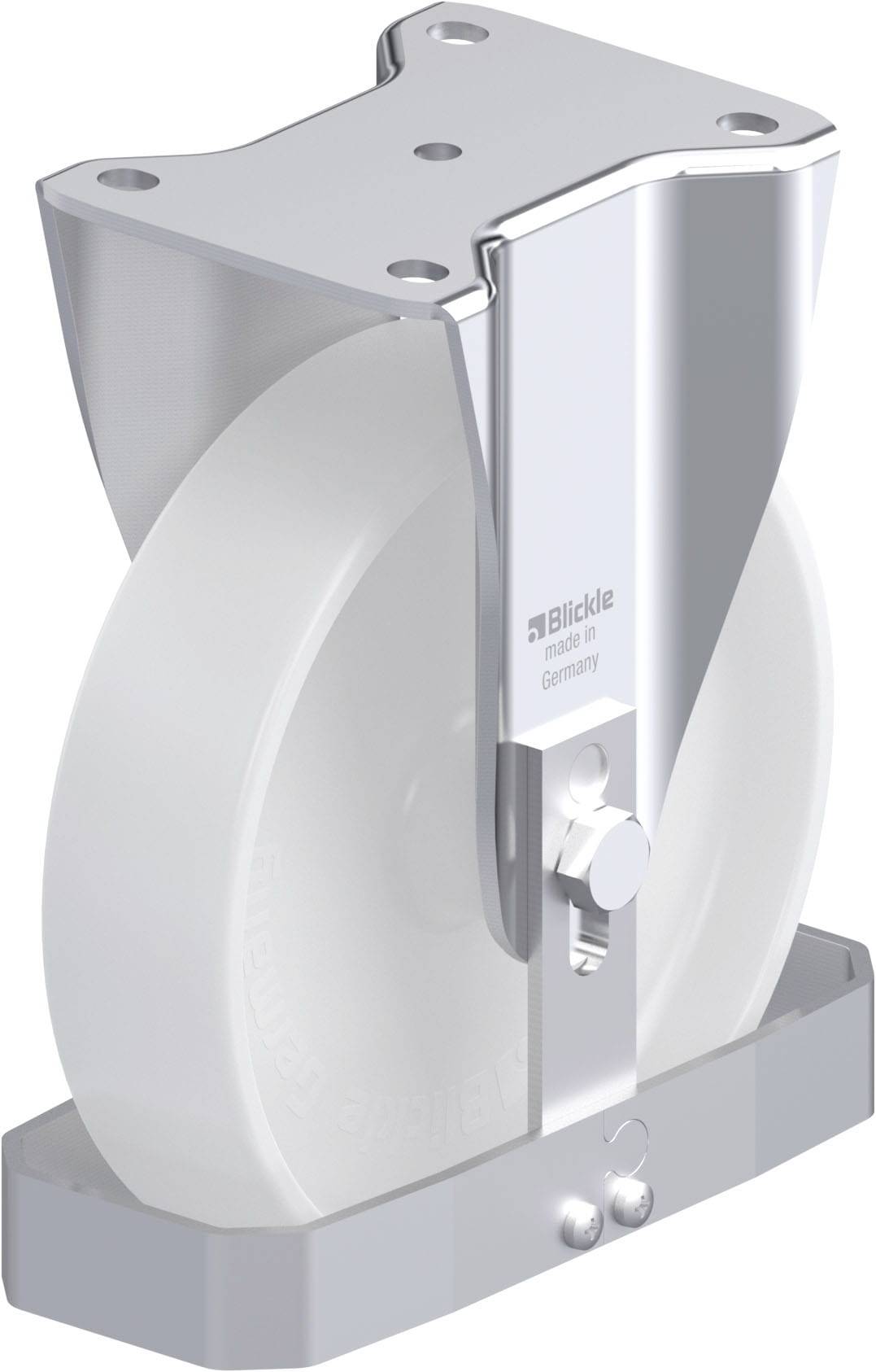 Industrie-Rolle in Metallgehäuse mit weißem Rad, geeignet für schwere Lasten.