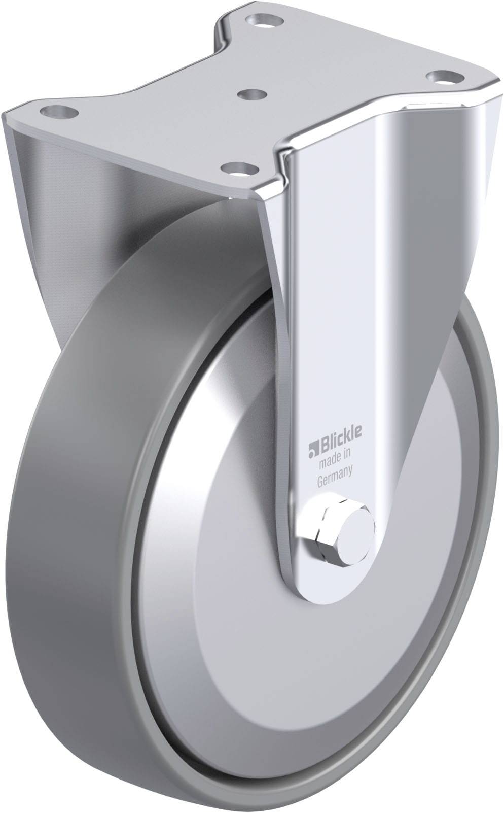 Metallisches Rad für Möbel oder Geräte, schwenkbar mit Halterung. Geeignet für Mobilität in industriellen Anwendungen.