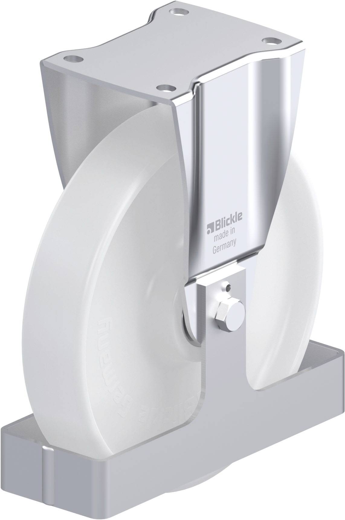 Metallrad mit weißem Rad, hergestellt von 'Blickle'.