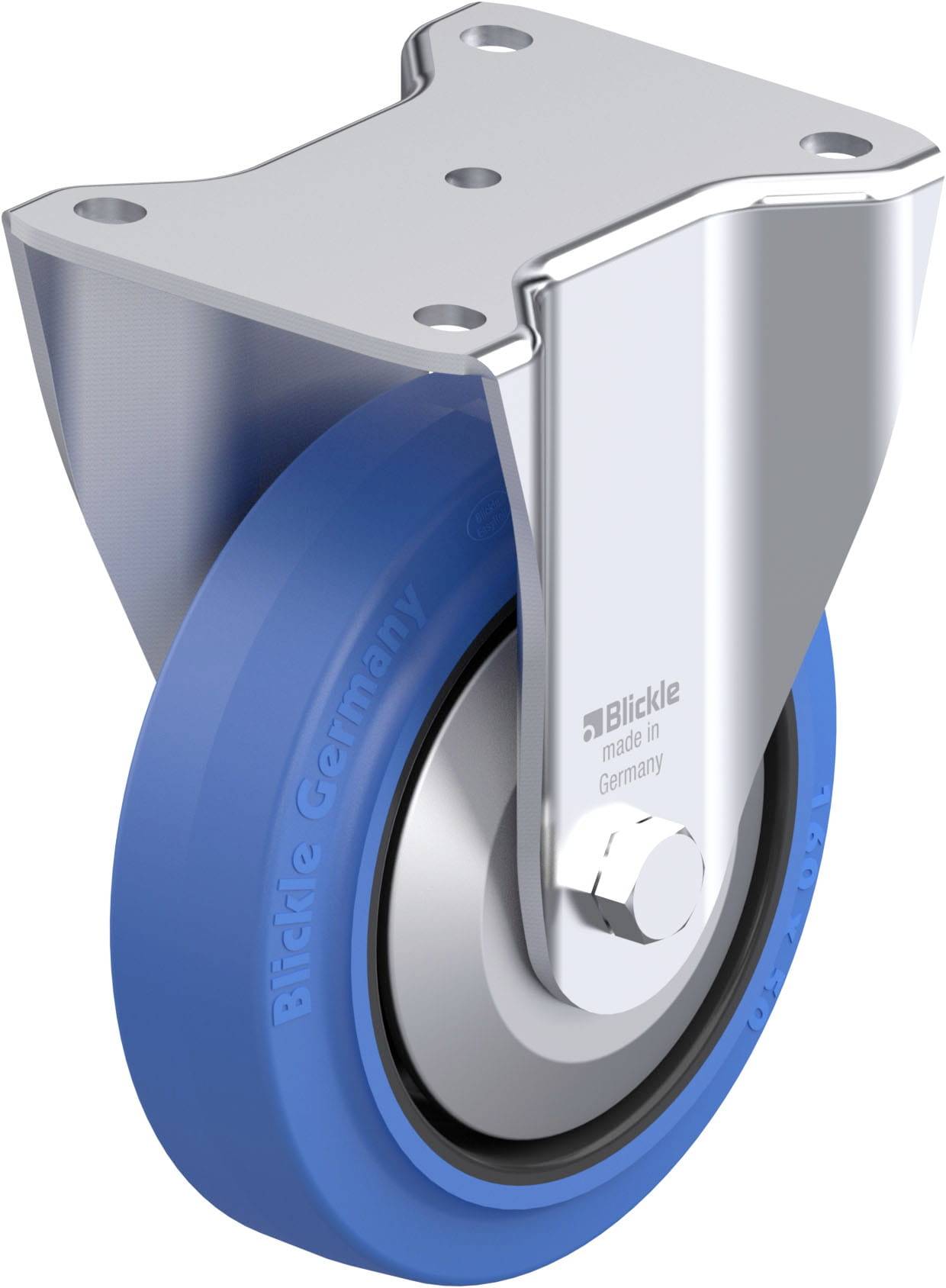Eine blaue Rolle mit einem silbernen Metallgehäuse und einer Schraubbefestigung. Auf der Rolle steht 'Blickle made in Germany'.