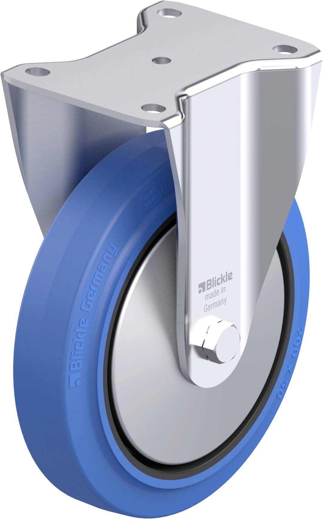 Metall-Rollenhalterung mit blauem Gummirad. Silberne Platte mit vier Löchern für Befestigung. Aufschrift: 'Blickle Made in Germany'.
