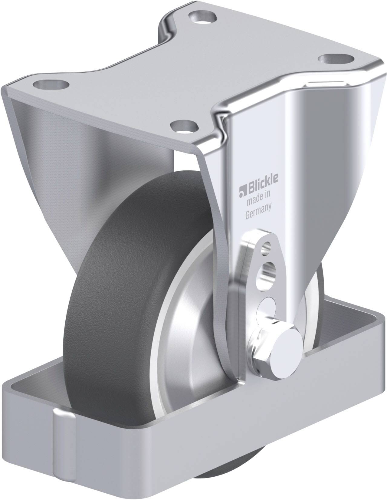Metallrolle mit Halteplatte und Befestigungslöchern, für stabile Bewegung von Gegenständen, Aufschrift 'Blickle, made in Germany'.