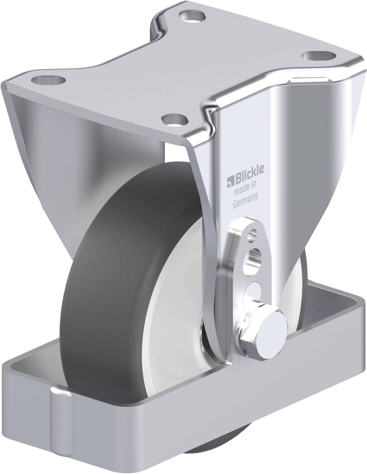 Dargestellt ist eine robuste Schwerlastrolle aus Metall mit Befestigungsplatte, geeignet für industrielle Anwendungen.