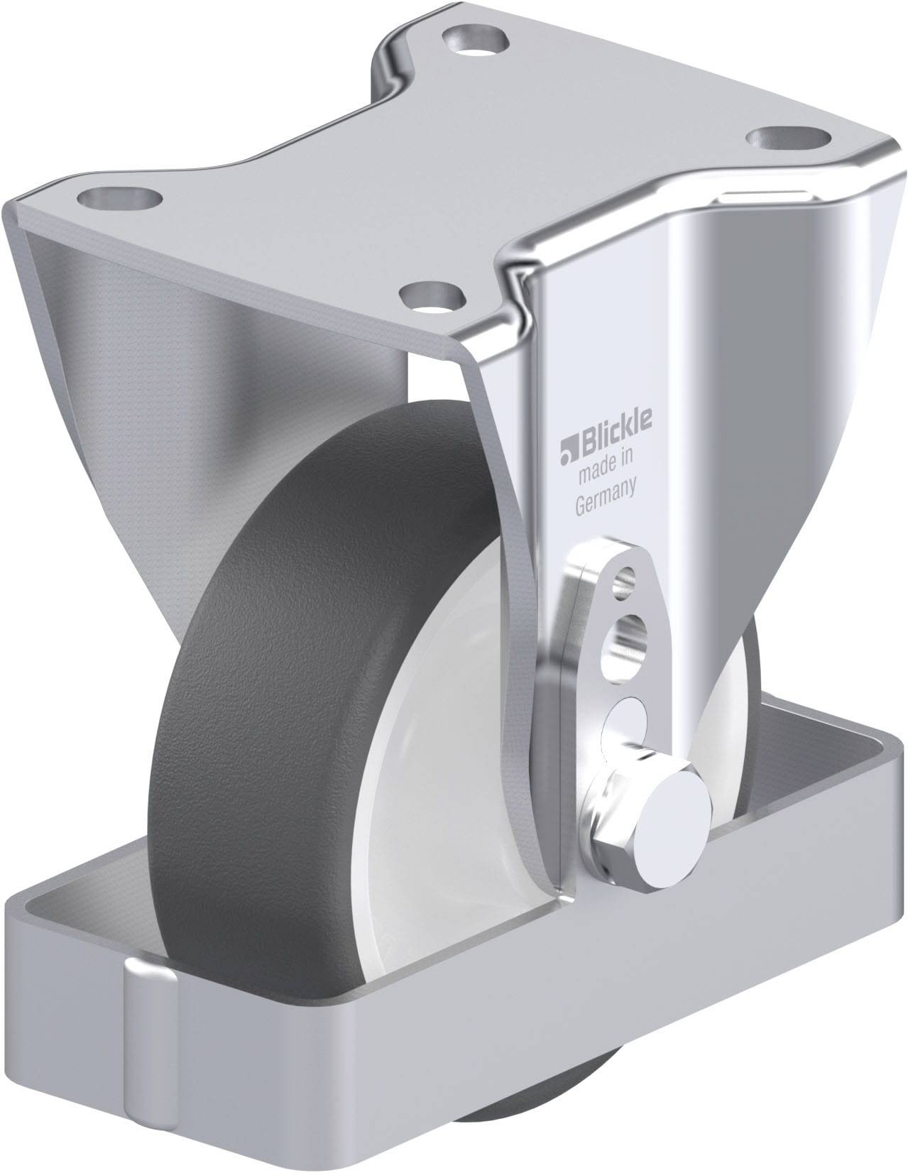 Metallrolle mit schwarzem Rad und silbernem Halter. Text auf Halter: 'Blickle, made in Germany'.