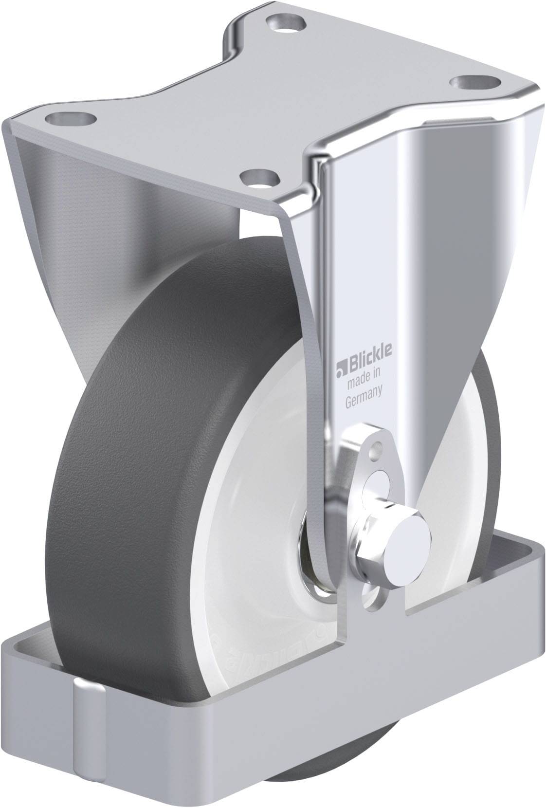 Industrie-Schwenkrolle mit grauem Gummi-Rad und silbernem Metallgehäuse. Rad mit Kugellager für leichte Beweglichkeit.