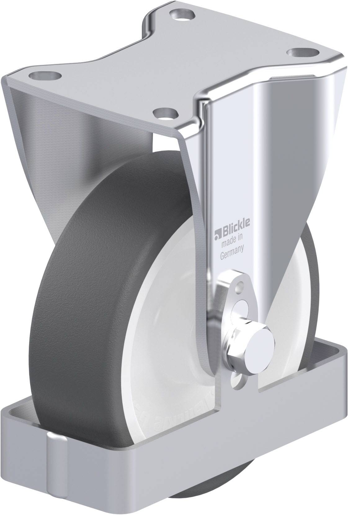 Industrie-Schwenkrolle aus Metall und Kunststoff mit Gleitlager, zeigt robuste Bauweise und Design für hohen Belastungen.