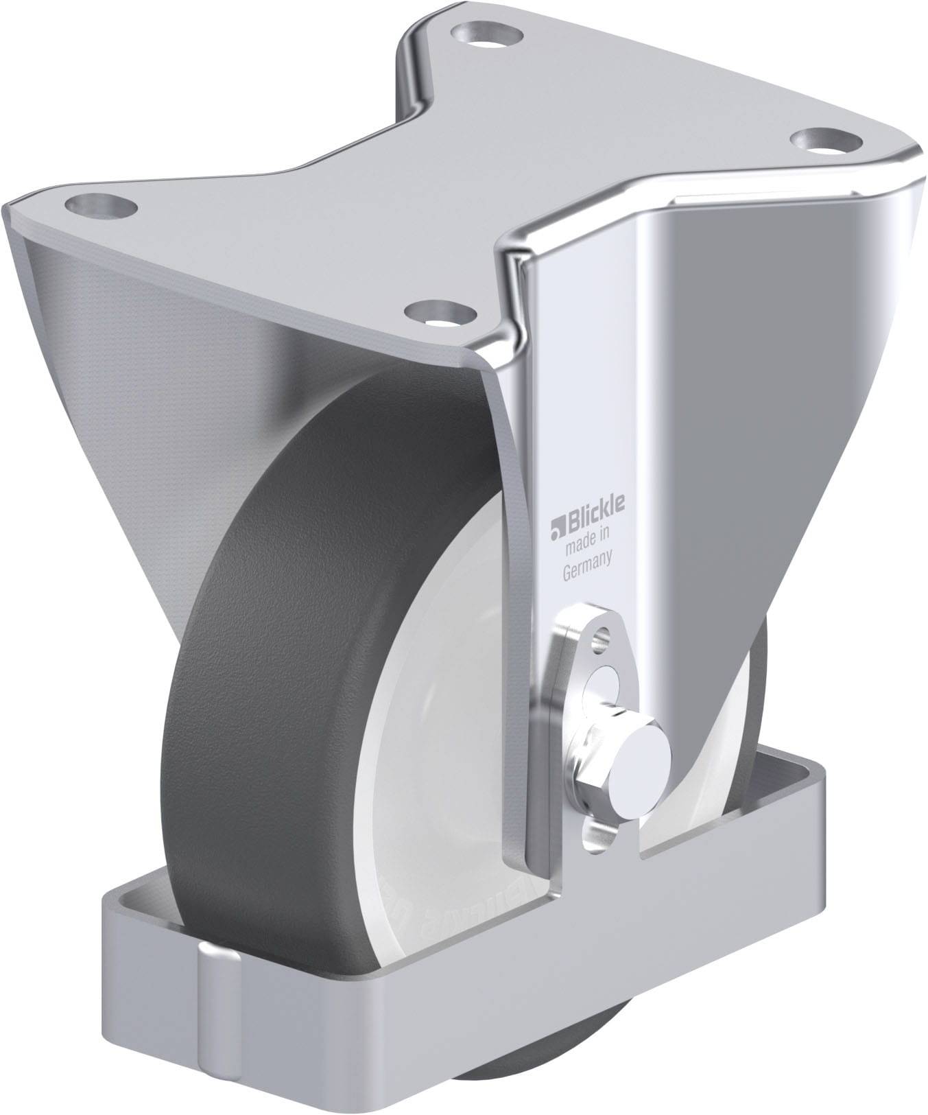 'Blickle' Lenkrolle aus Metall mit Gummirad, seitliche Aufnahme für Industrieeinsatz.