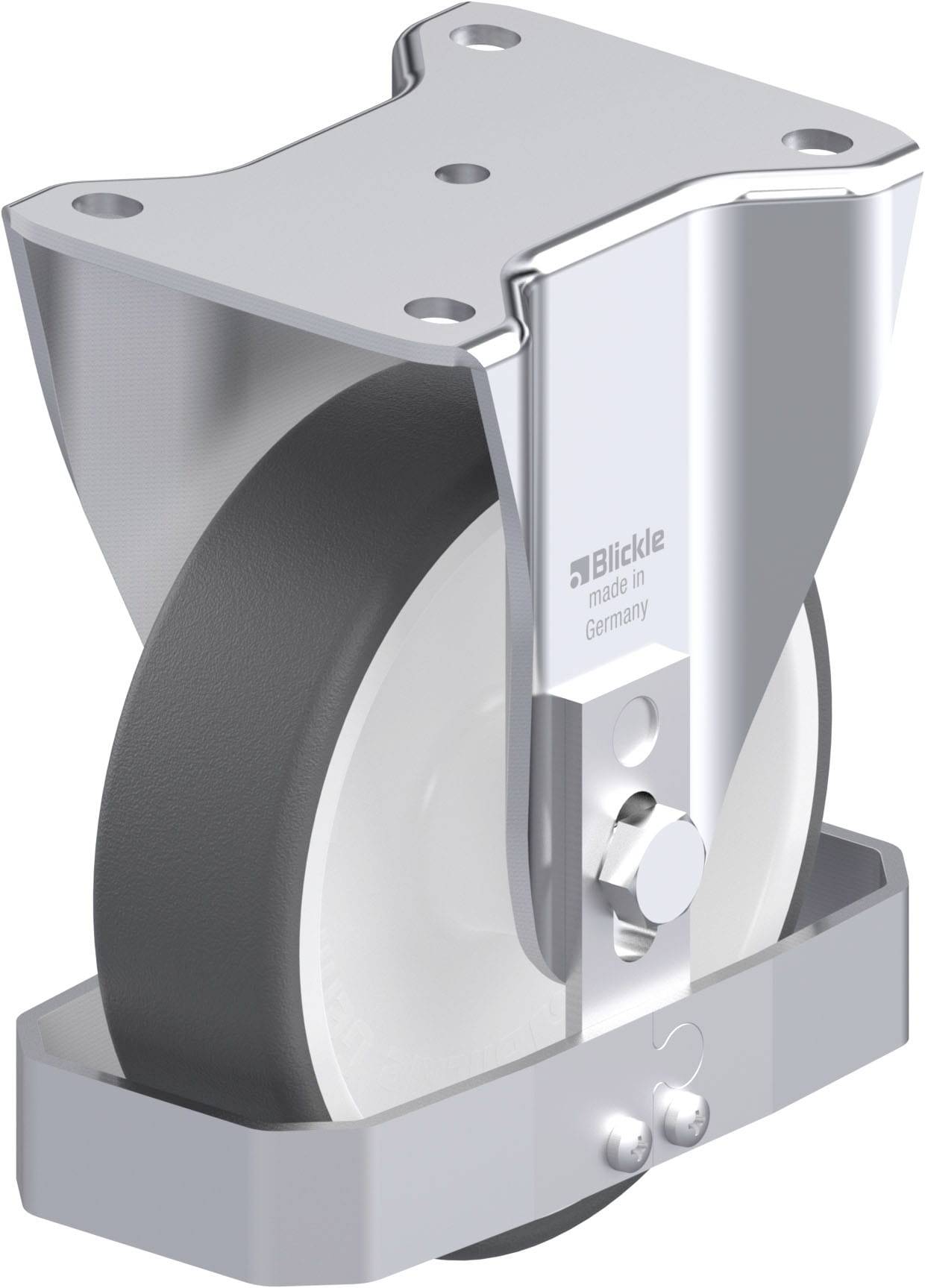 Schwenkrolle aus Metall mit schwarzem Rad, geeignet für industrielle Anwendungen. Gehäuse mit quadratischer Platte, robustes Design.