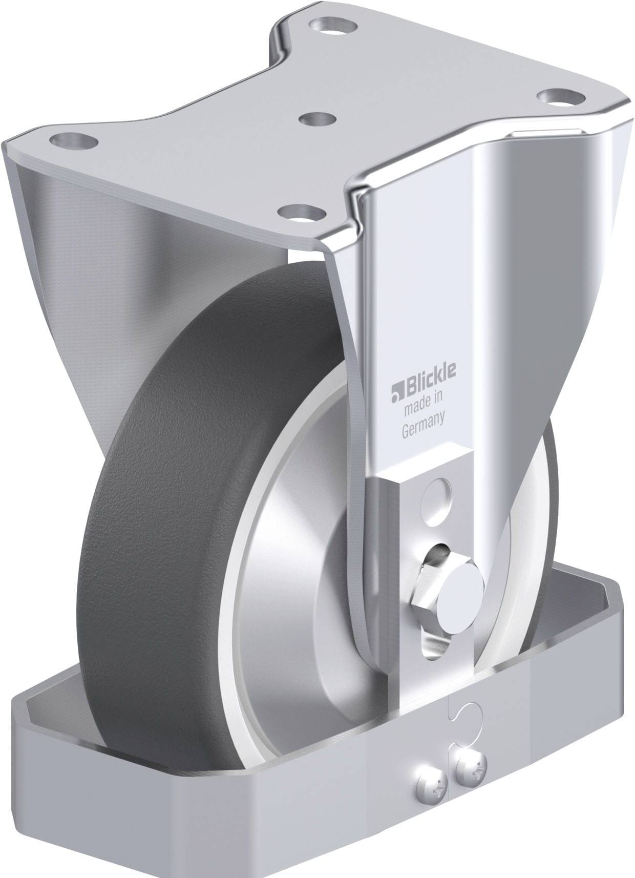 Ein Metallschwenkrollenrad in einem Halter, geeignet für industrielle Anwendungen, hergestellt in Deutschland.