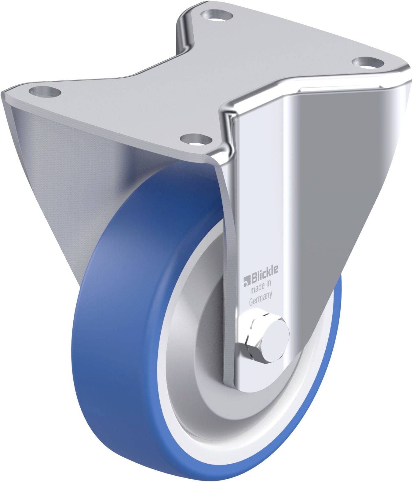 Metallrollenhalterung mit blauem Rad, Markierung 'Blickle, Made in Germany'.