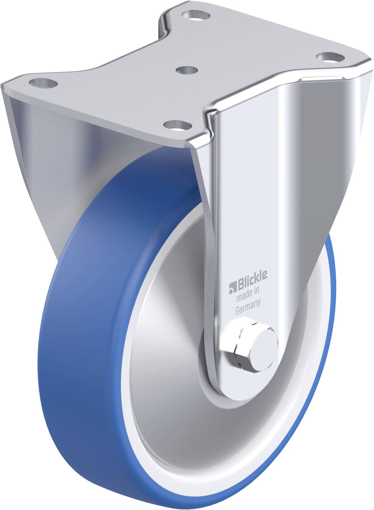 Schwenkrolle mit blauer Gummilauffläche und stabilem Metallgehäuse; geeignet für schwere Lasten; hergestellt in Deutschland.
