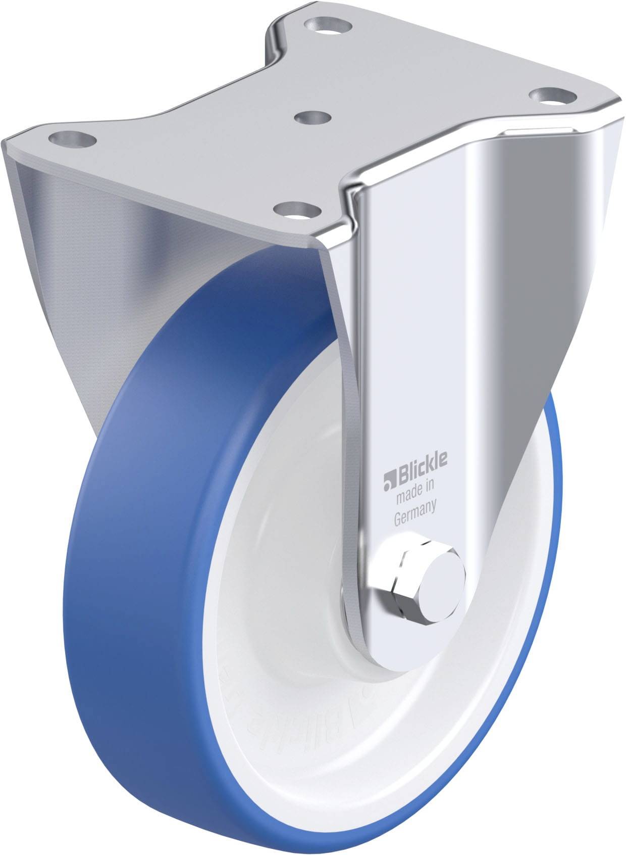 Das Bild zeigt eine blaue und weiße Apparaterolle mit einem metallischen Gehäuse. Die Rolle ist stabil und für industrielle Zwecke geeignet.