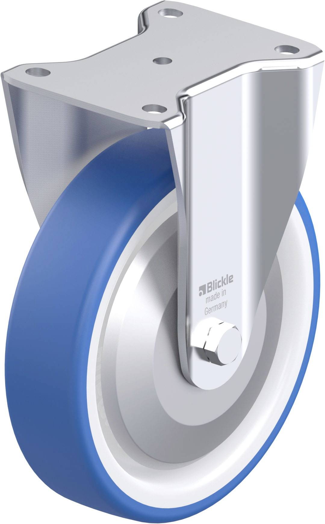 Schwenkrolle mit blauem Rad, geeignet für industrielle Anwendungen. Robust und langlebig, aus Metall mit Kunststoffrad.